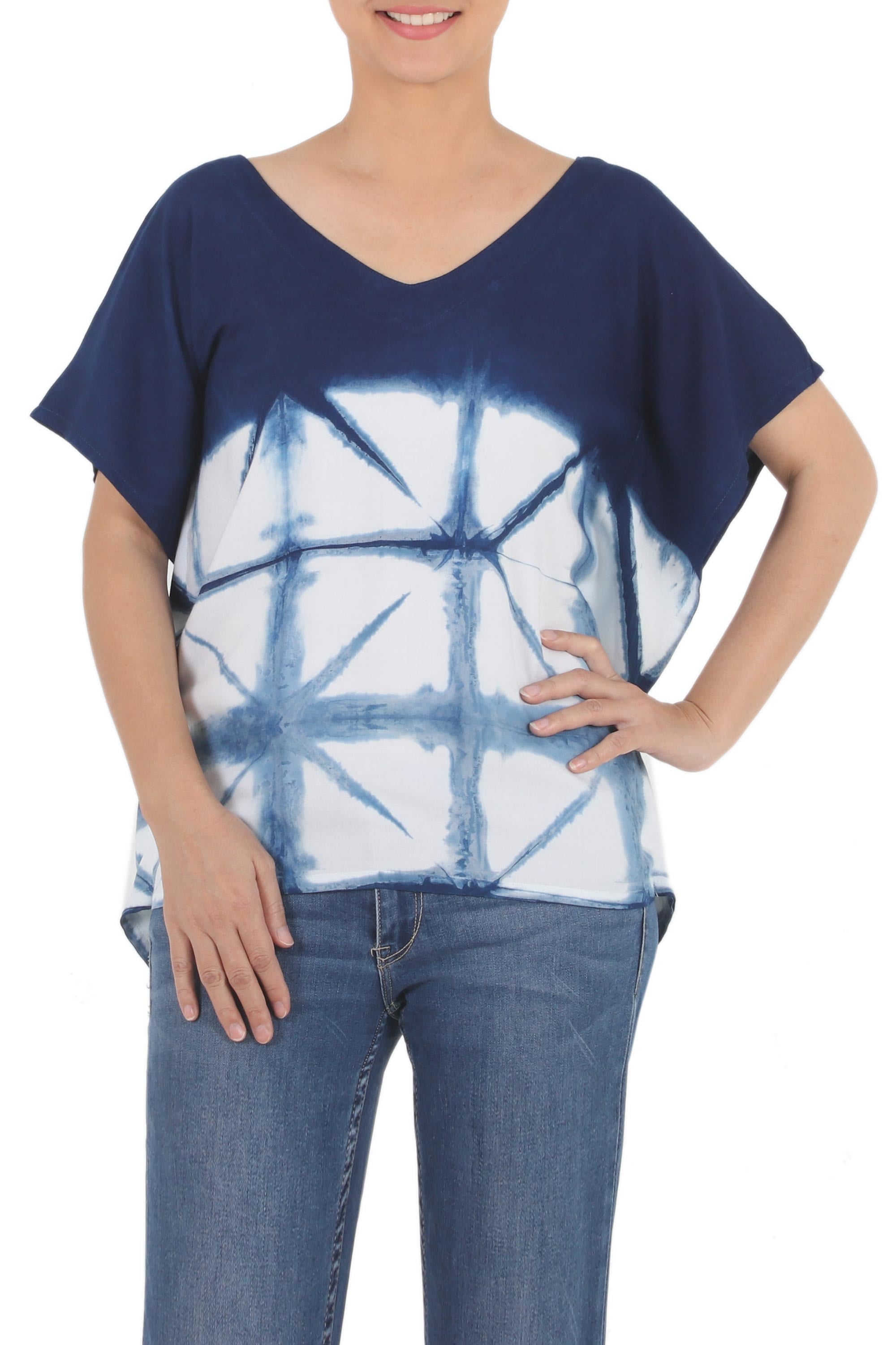 Premium Indigo White Geometric Tie-Dye Cotton Blouse – Effortless Style