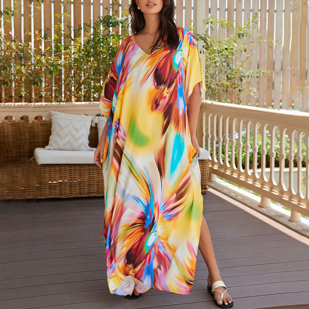 Premium Boho V-Neck Maxi Dress - Vibrant Brazilian Caftan Cover-Up