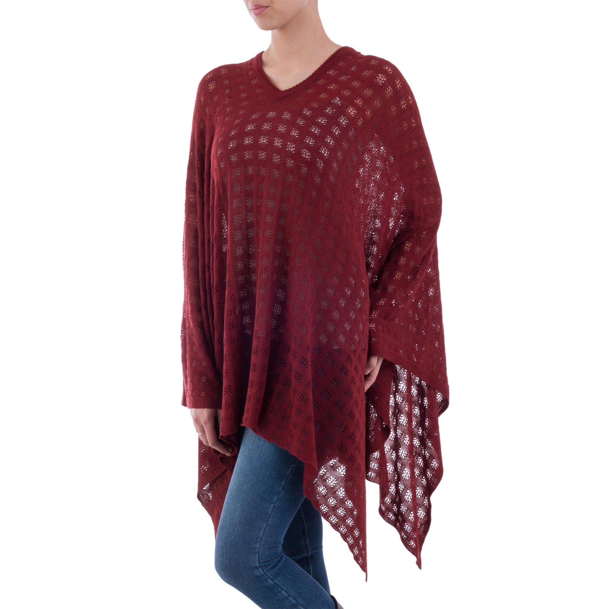 Premium Burgundy Alpaca Bohemian Poncho - Handmade by Peruvian Artisans