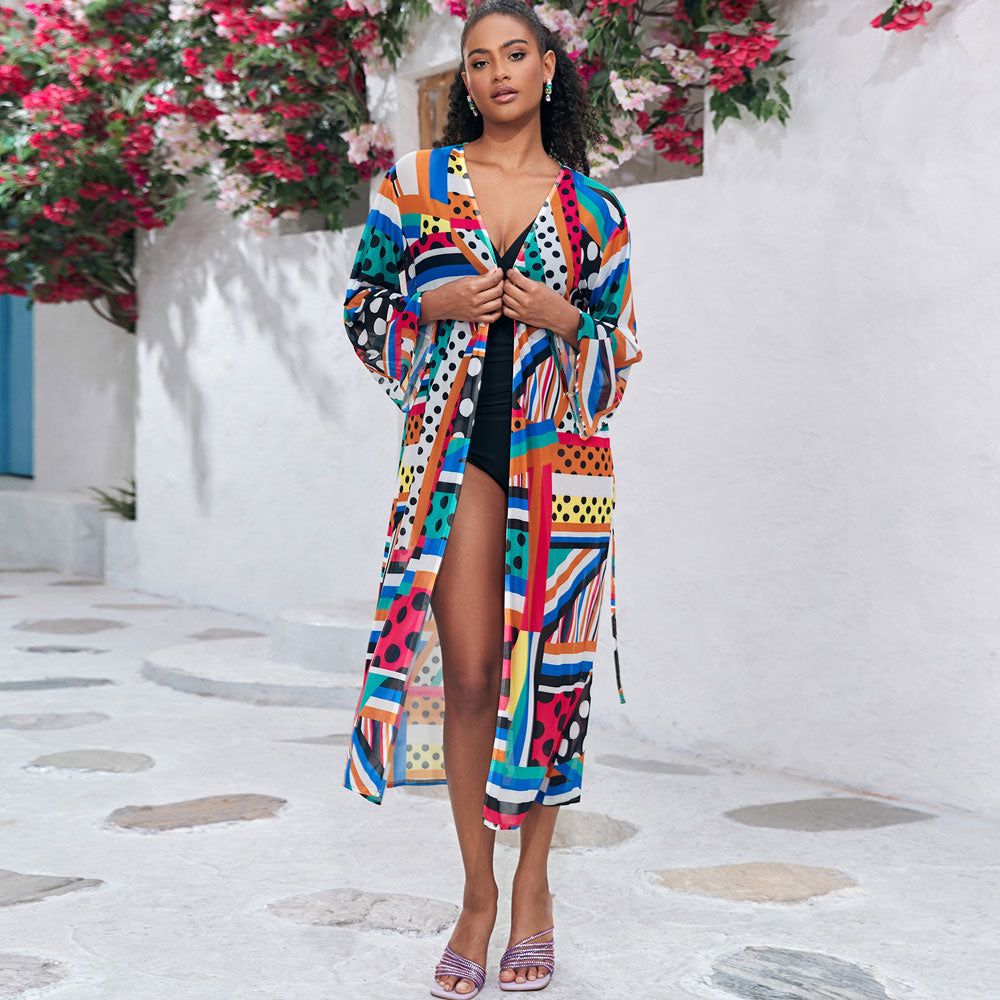 Premium Brazilian Beach Cover Up with Colorful Prints & Belted Design