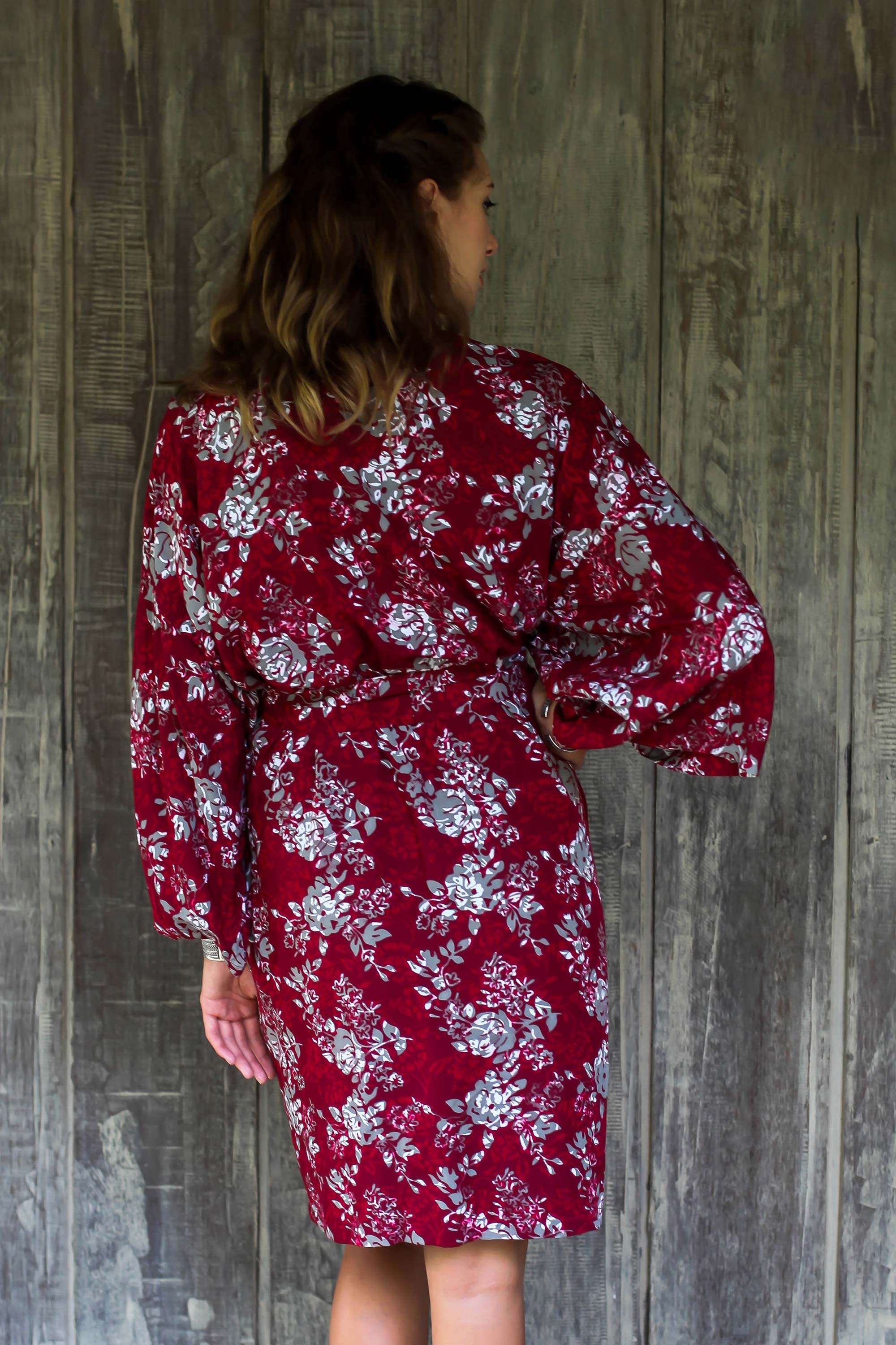 Premium Claret Grey Batik Kimono Robe with Tropical Floral Design