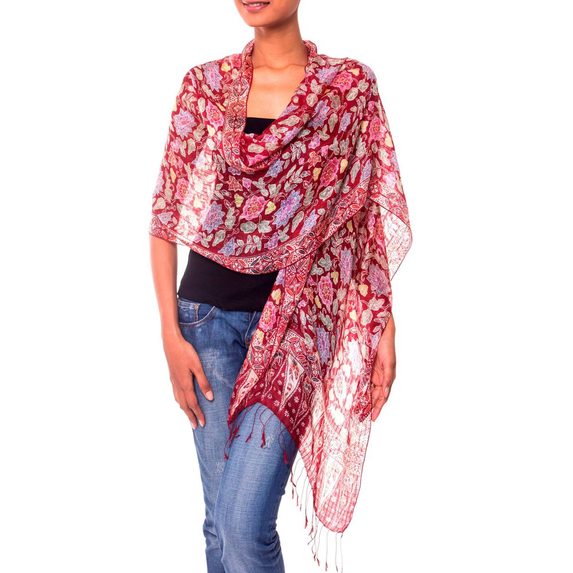 Premium Floral Silk Batik Shawl - Handcrafted Elegance