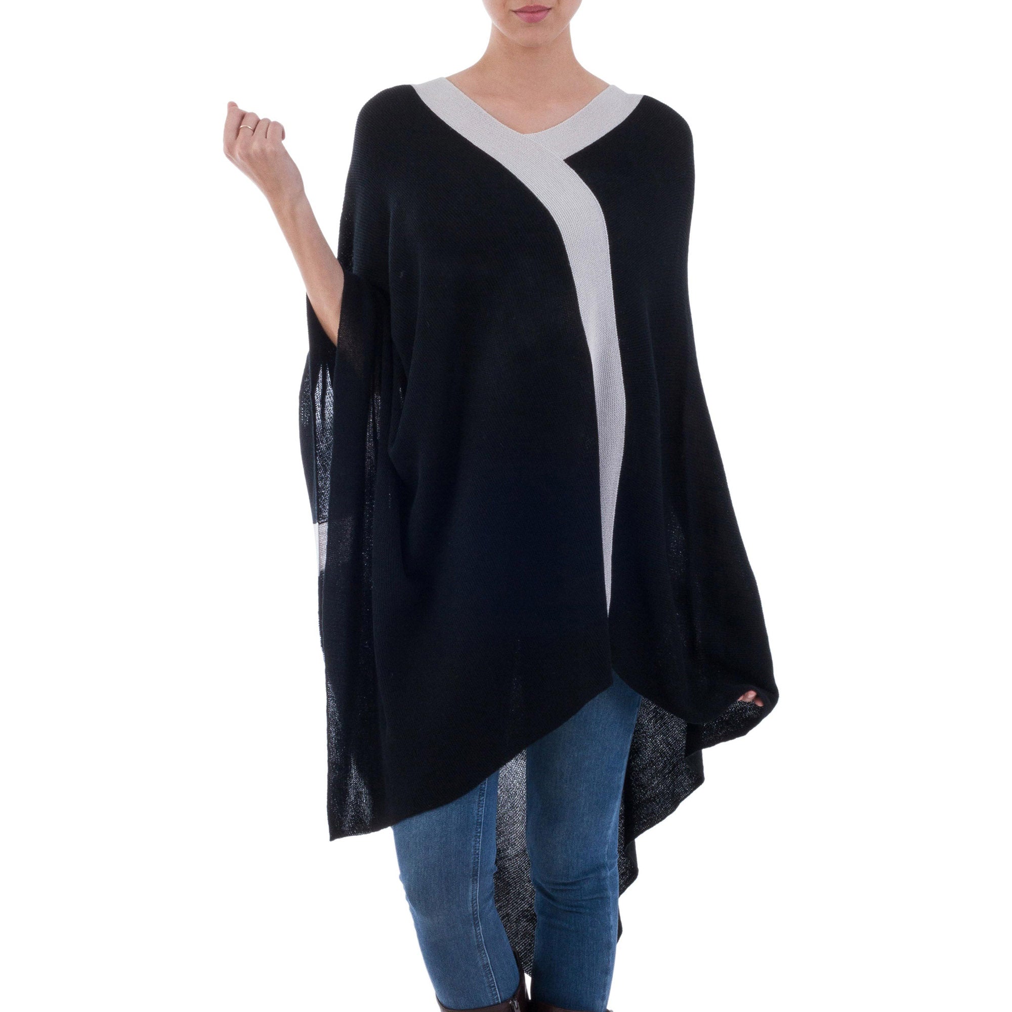 Premium Bohemian Knit Poncho - Black & Grey Elegance