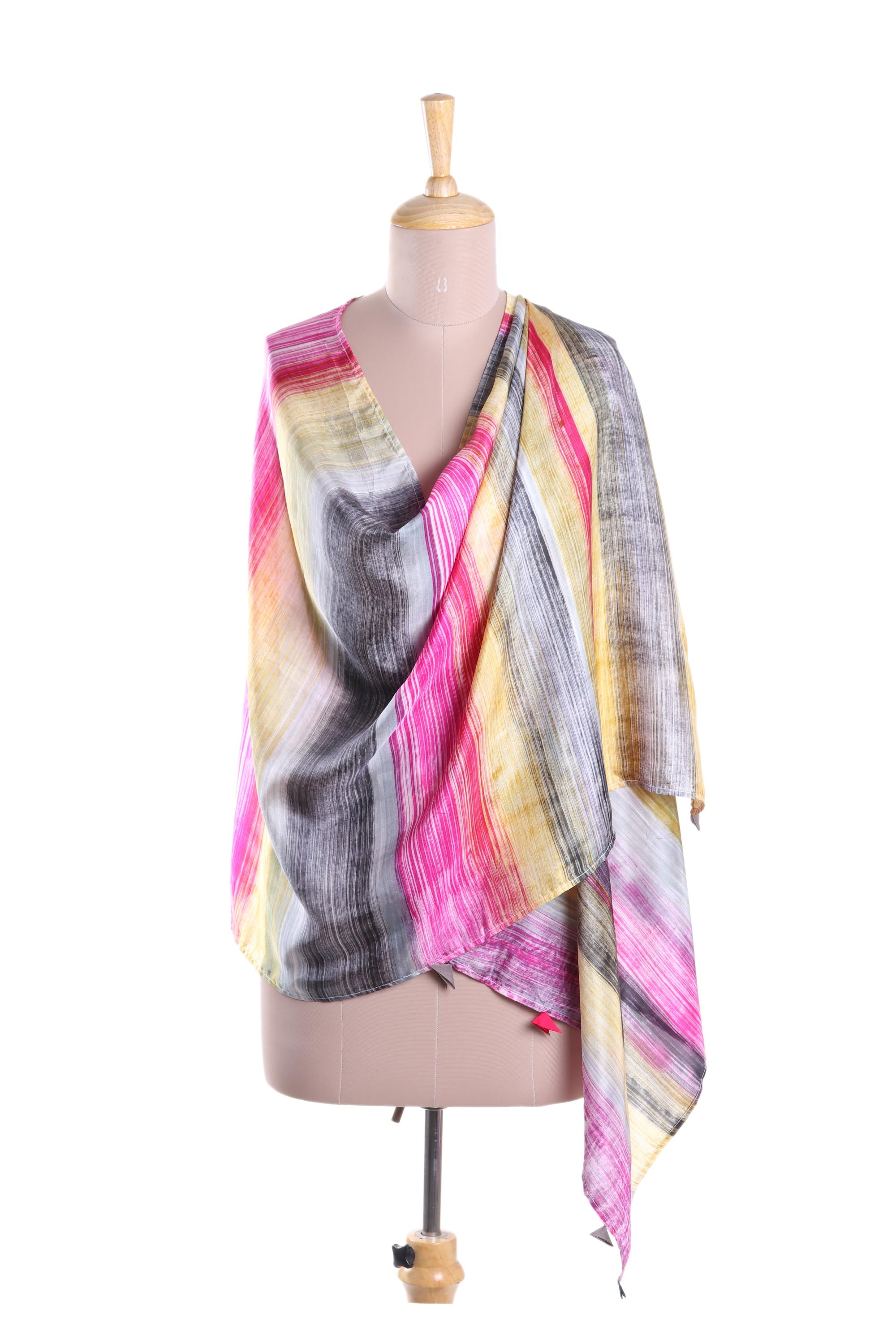 Premium Hand-Painted Silk Shawl - Fuchsia & Multi-Color Stripes