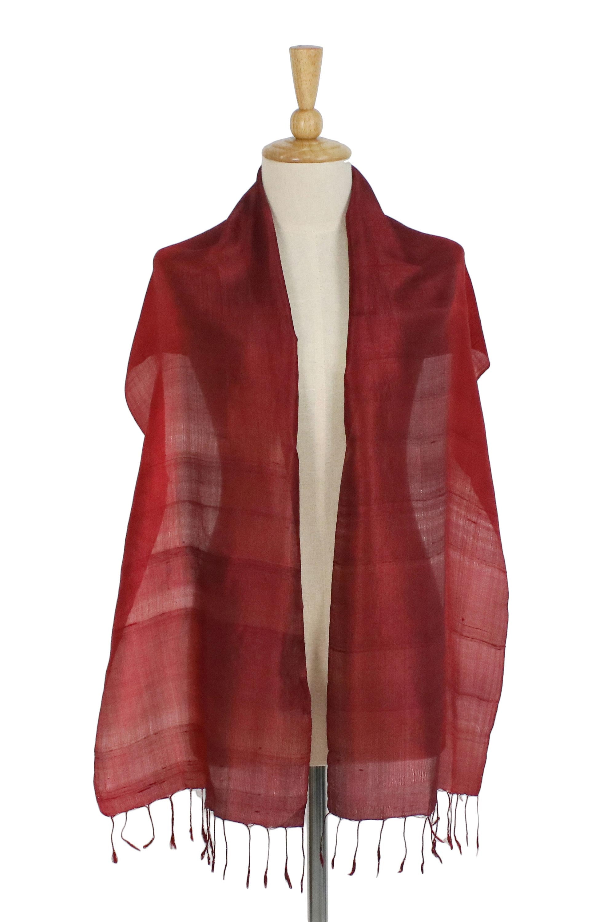 Premium Ruby Red Handwoven Silk Scarf with Elegant Fringe