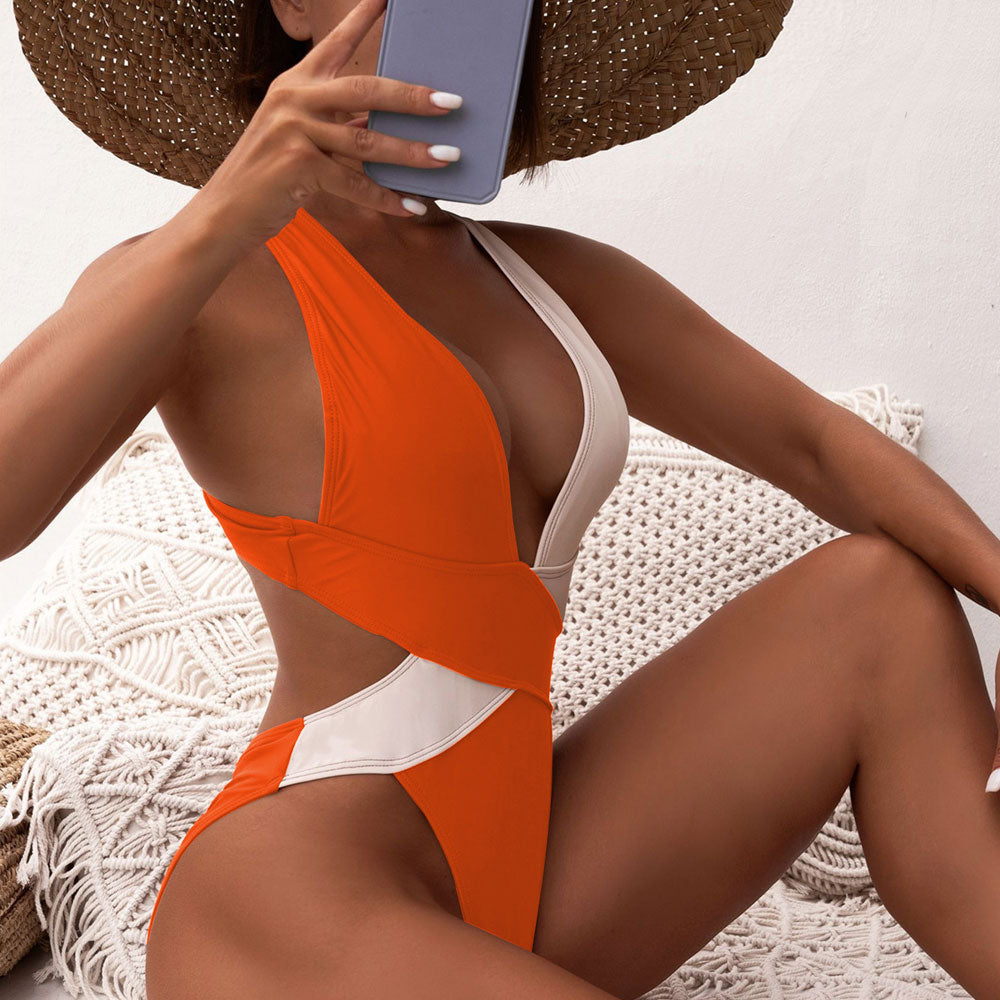 Ultimate Contrast Deep V Brazilian One-Piece Swimsuit - Premium Beachwear