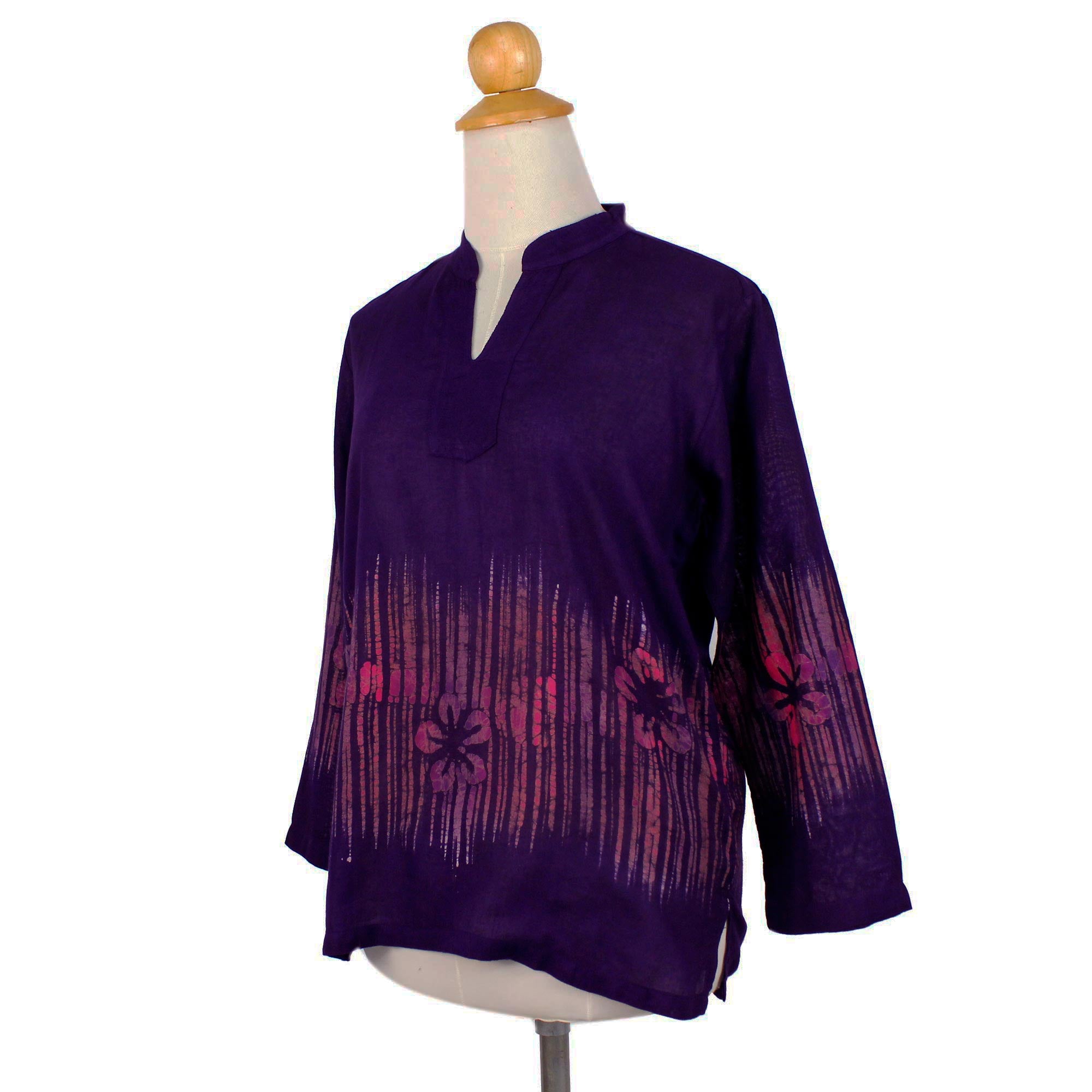 Premium Hand-Painted Violet Frangipani Batik Blouse