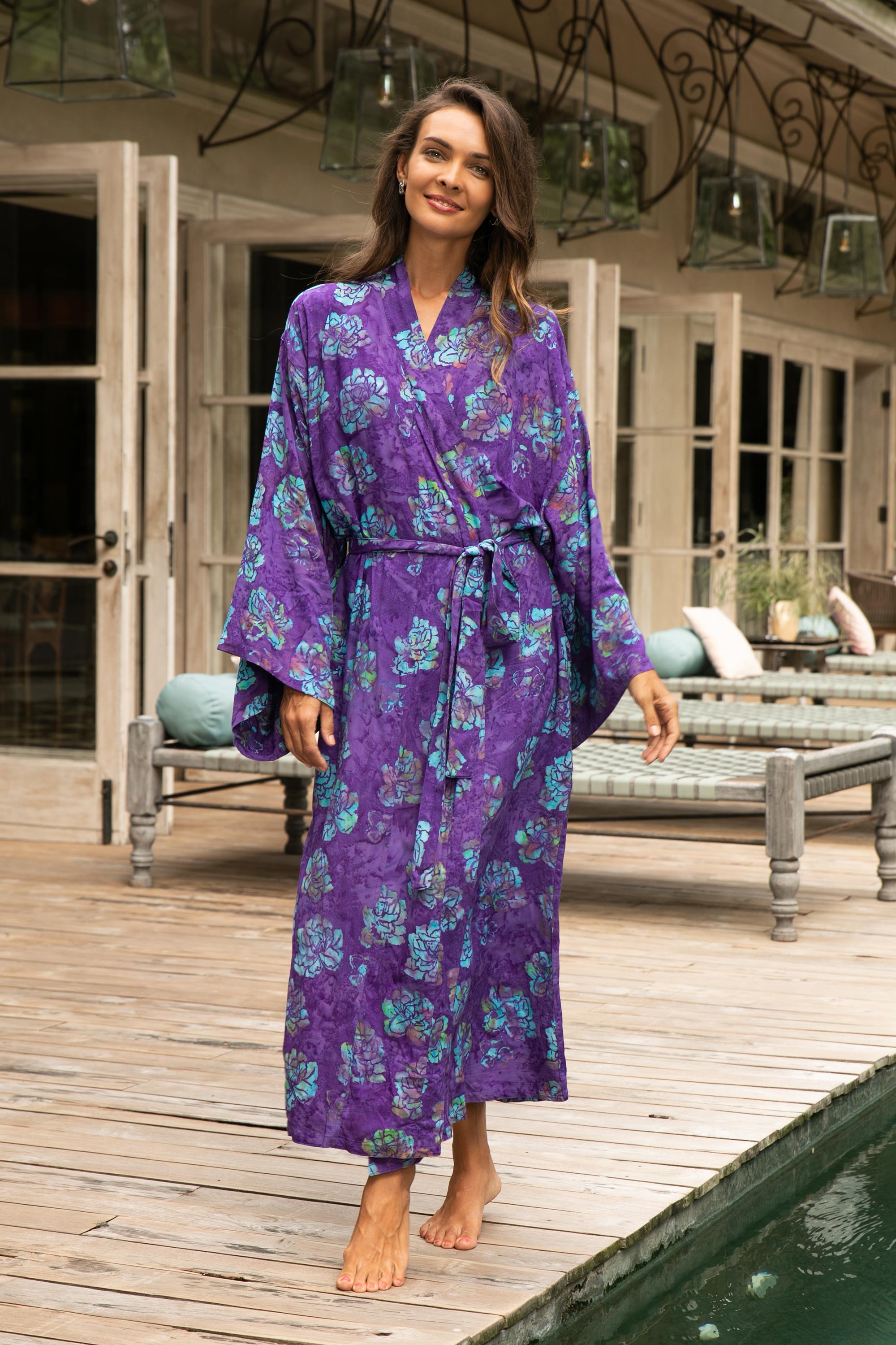 Premium Violet Batik Rayon Robe - Handcrafted Luxury with Matching Belt