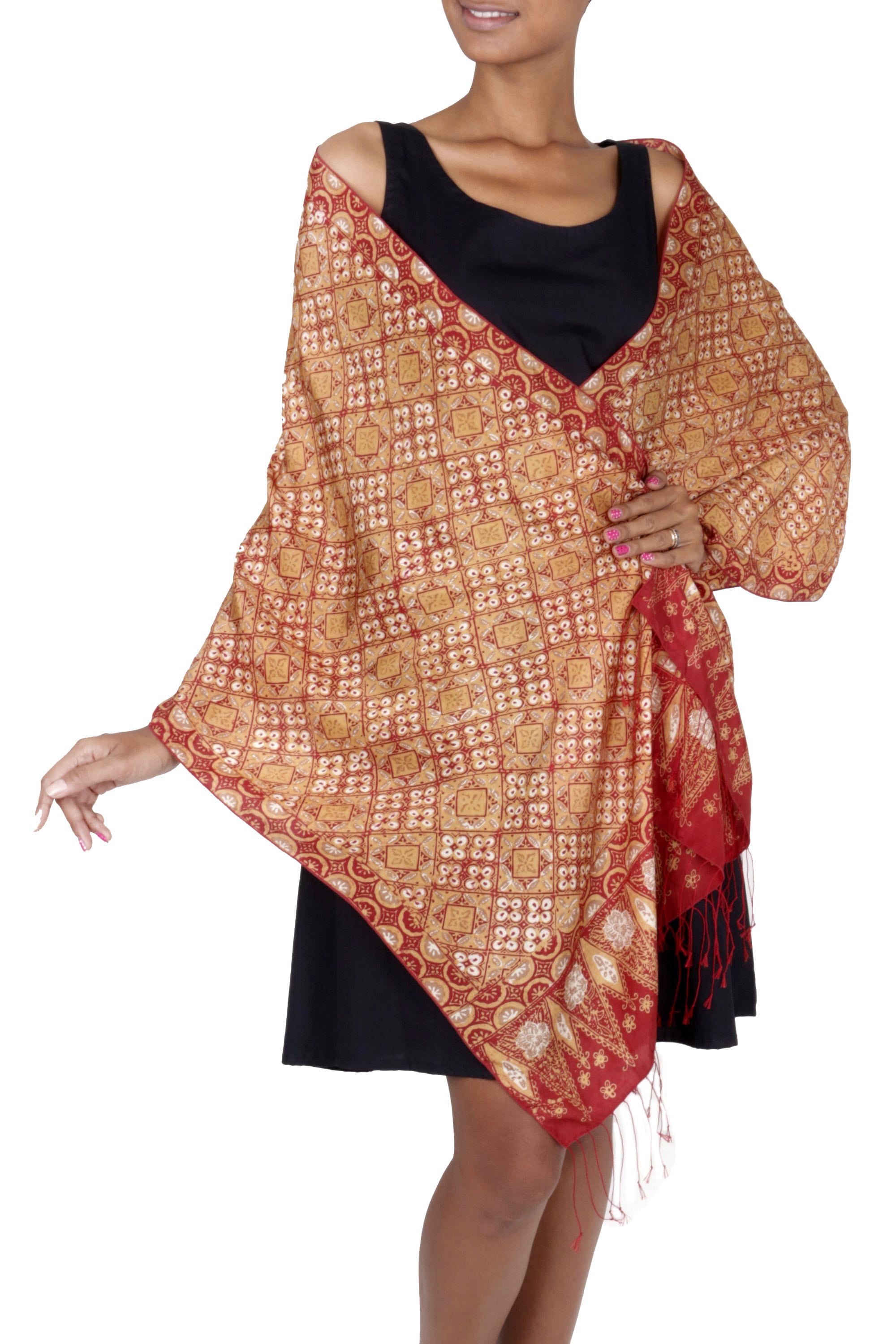 Premium Ceplok Beteng Red & Gold Metallic Hand-Stamped Silk Shawl