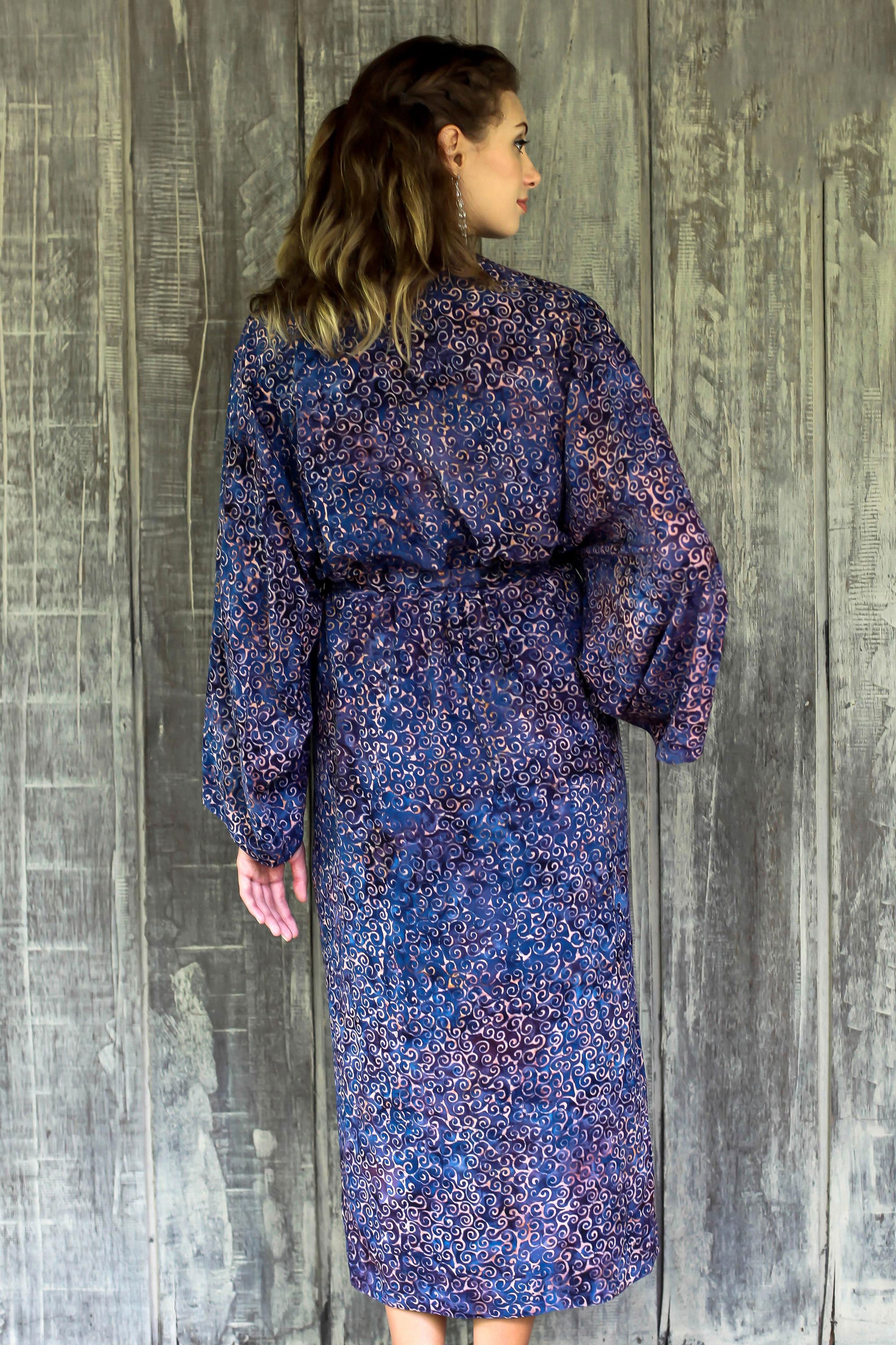 Premium Handcrafted Blue & Peach Batik Rayon Robe - Balinese Artisan Design