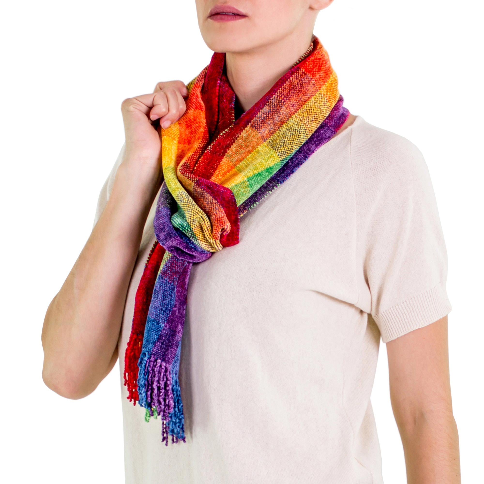 Premium Guatemalan Rainbow Rayon Chenille Scarf - Handcrafted Beauty