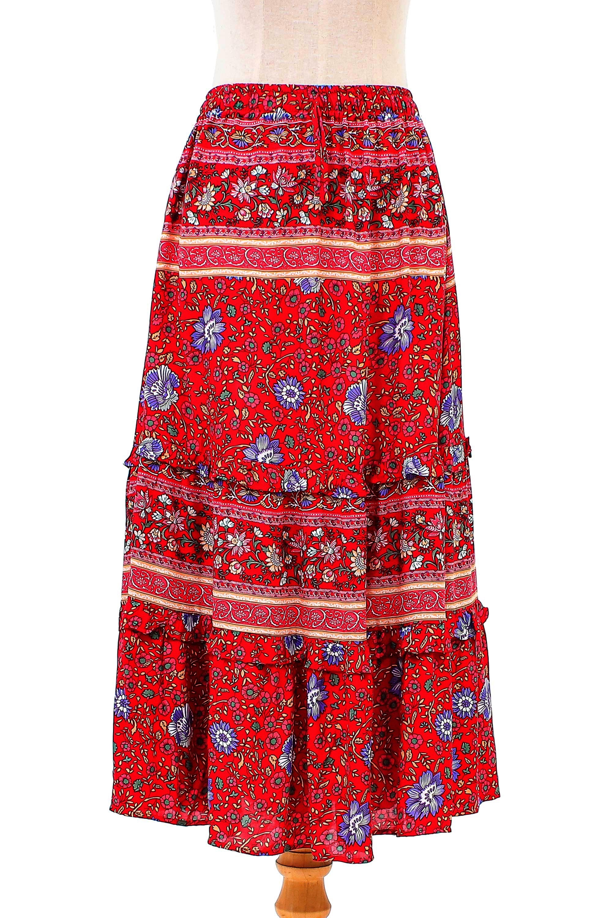 Premium Poppy Garden Floral Rayon Skirt - Handcrafted in Thailand