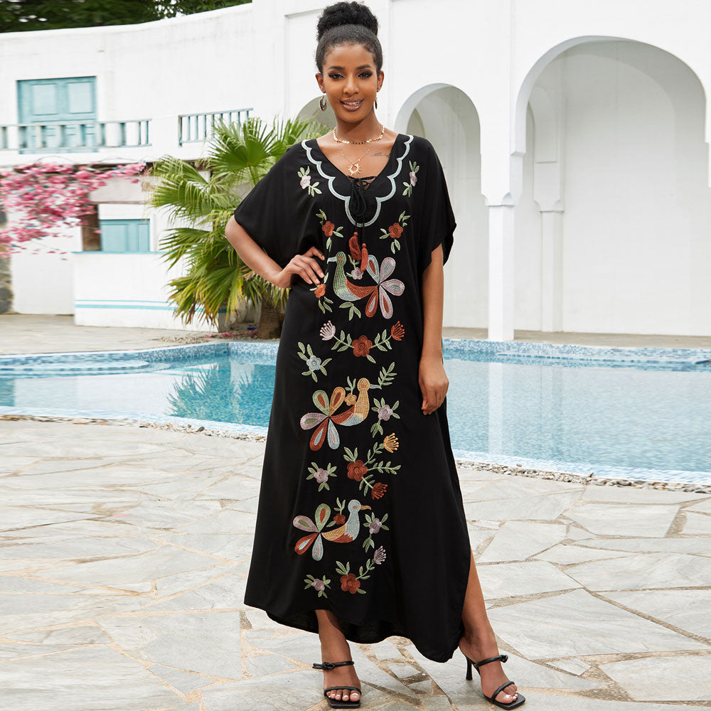 Premium Boho Bird Embroidered Maxi Dress - Ultimate Beach Cover-Up