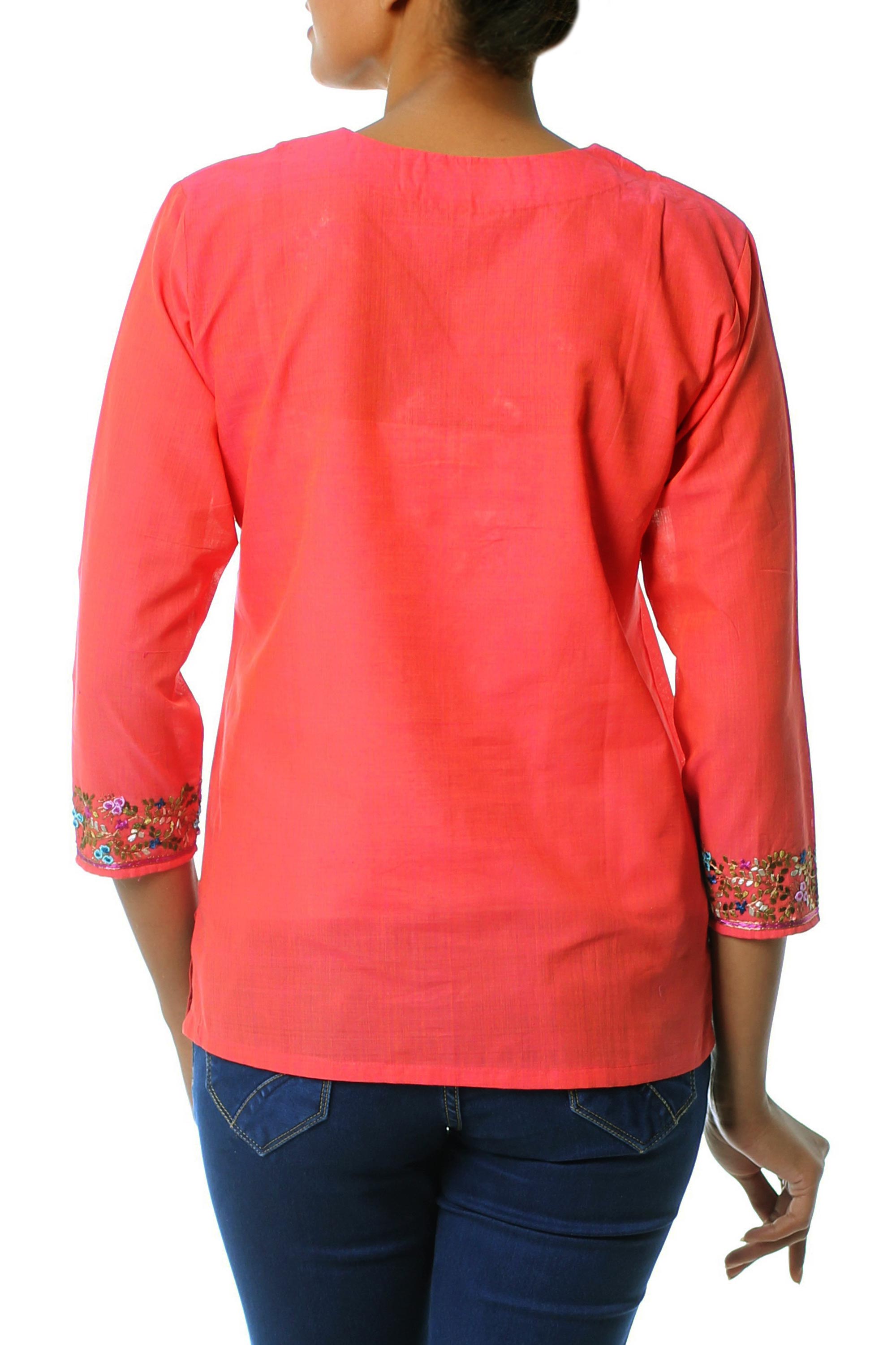 Premium Handcrafted Tangerine Floral Cotton Blouse - Ultimate Style & Comfort