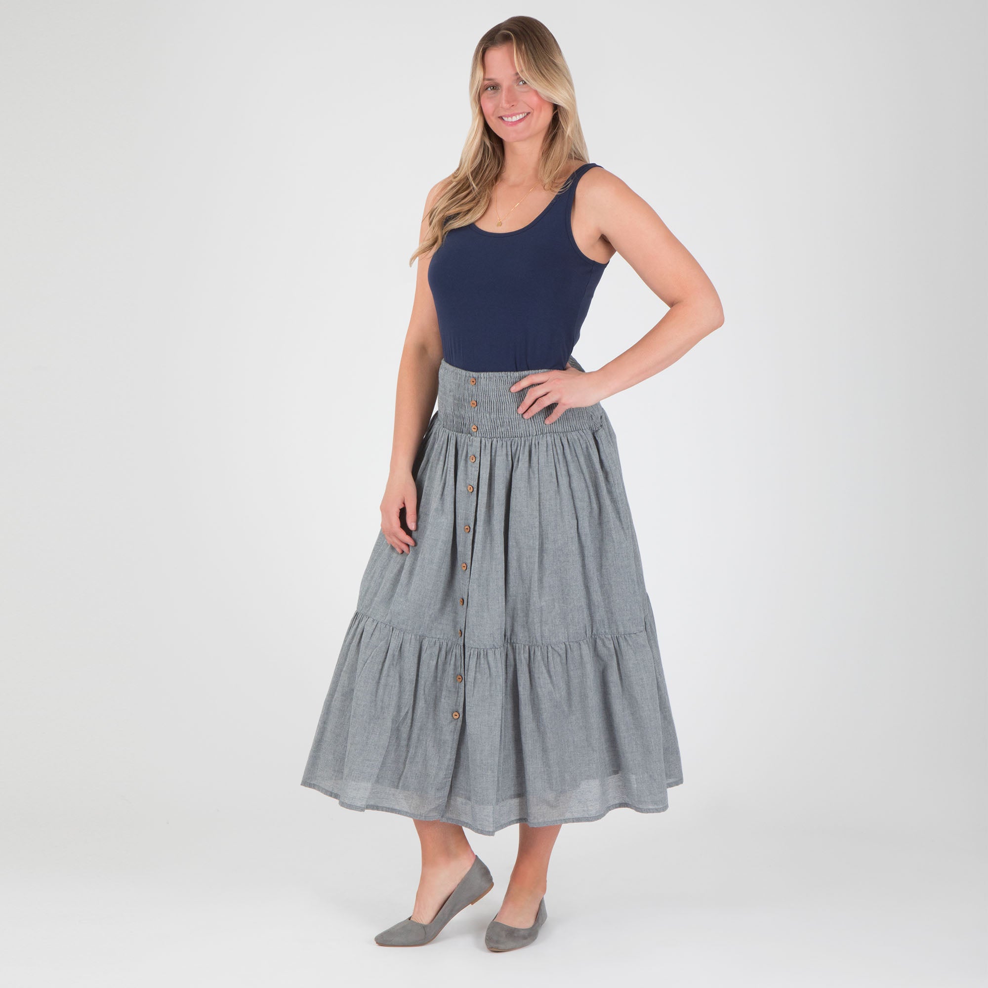 Premium Chambray Button-Down Tiered Skirt