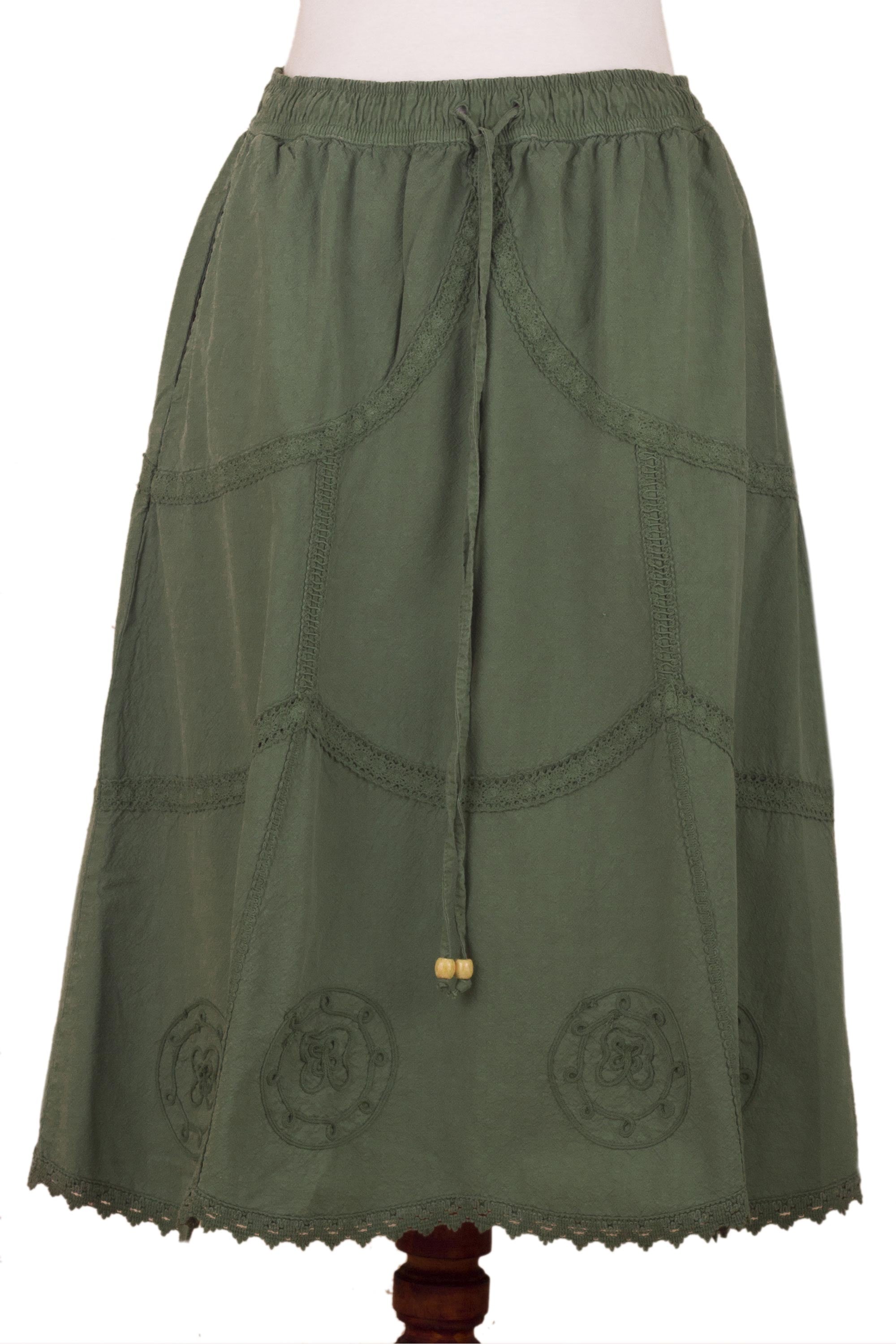 Premium Andean Fields Laurel Green Embroidered Cotton Skirt - Handcrafted in Peru