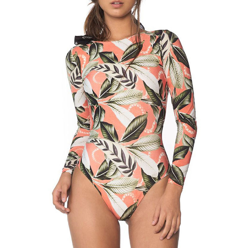 Premium Tropical Leaf Print Long Sleeve Rash Guard One-Piece Swimsuit with Open Back