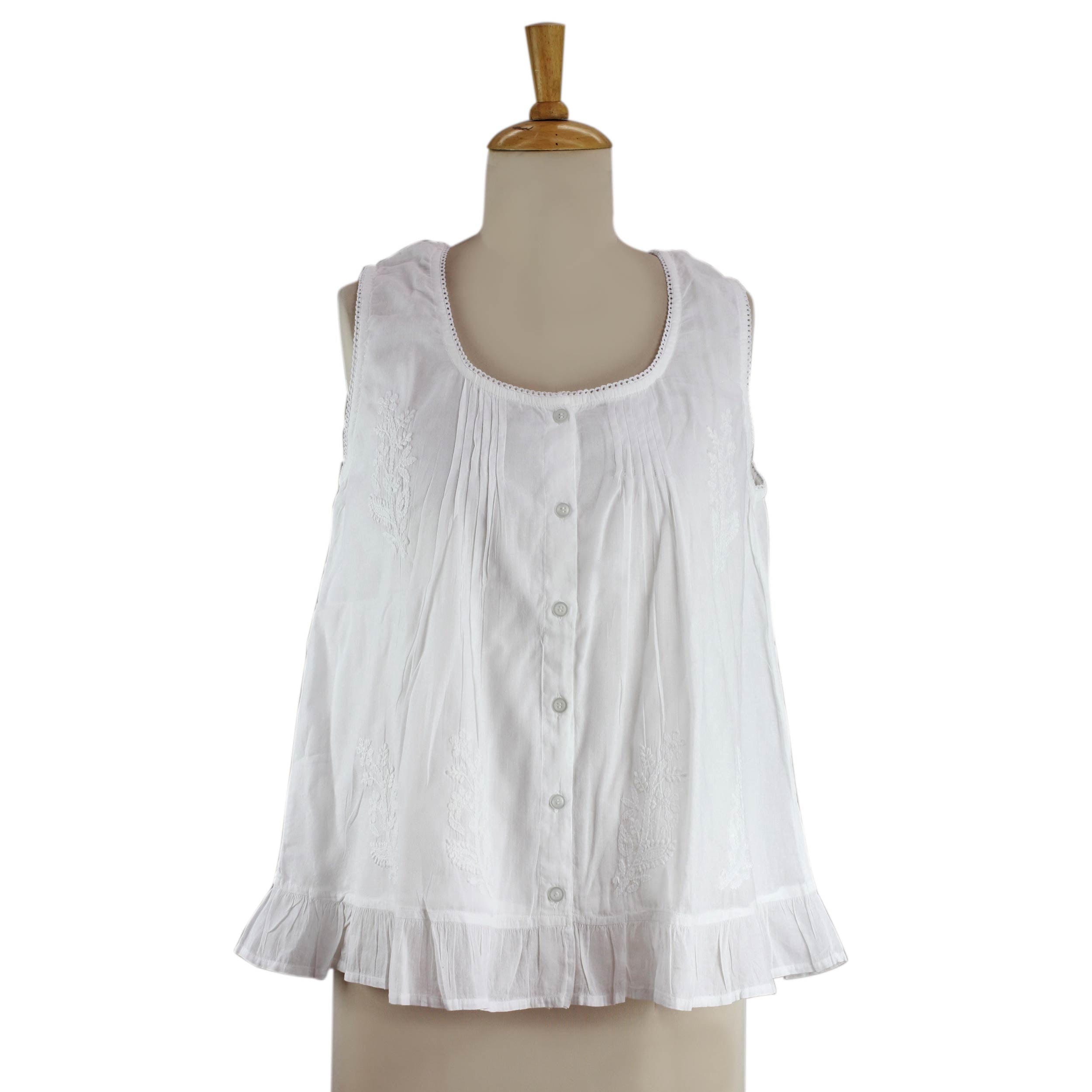 Premium Morning Cloud White Cotton Embroidered Blouse with Elegant Pintucks