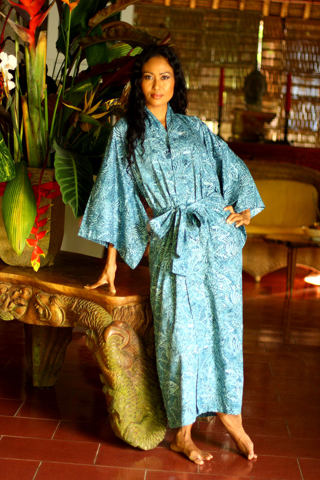 Premium Blue Forest Handcrafted Batik Cotton Kimono Robe for Women