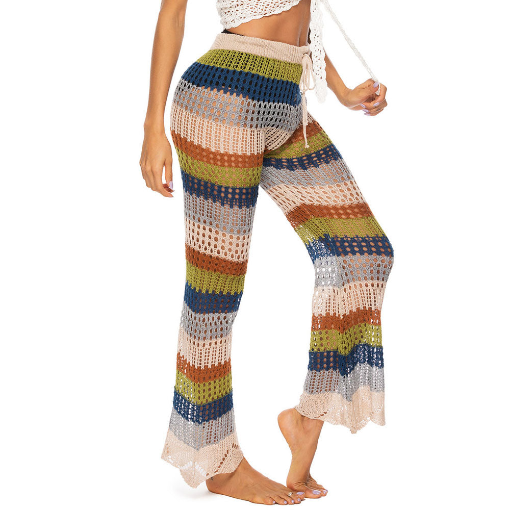 Ultimate Rainbow Striped Crochet Beach Pants - High Waist Split Design