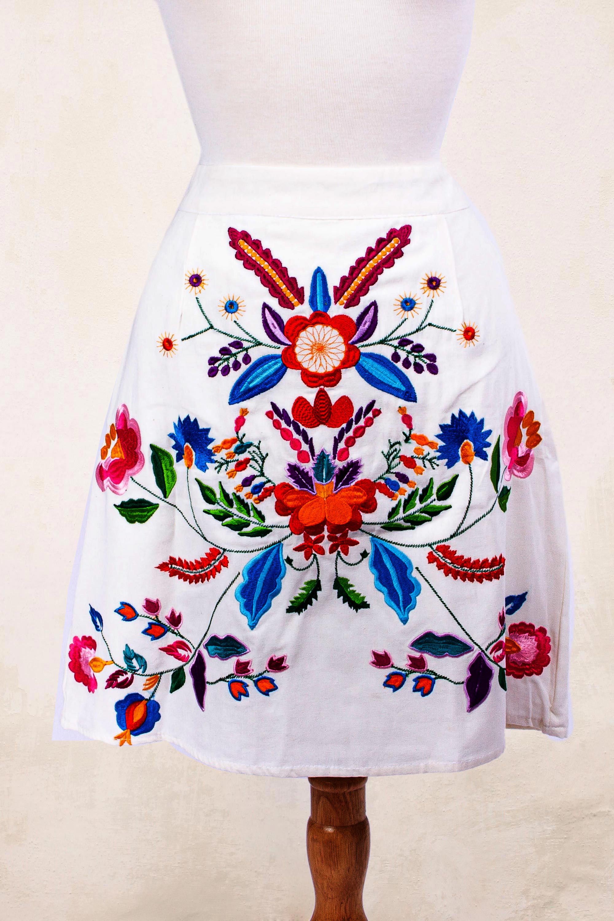 Premium Radiant Bright Bouquet Hand-Embroidered Cotton A-Line Skirt