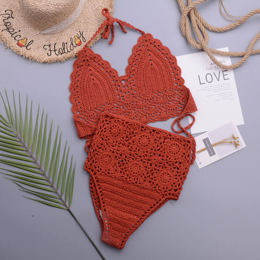 Premium Crochet Knit Halter Bikini Set - High Waist Brazilian Two Piece Swimsuit