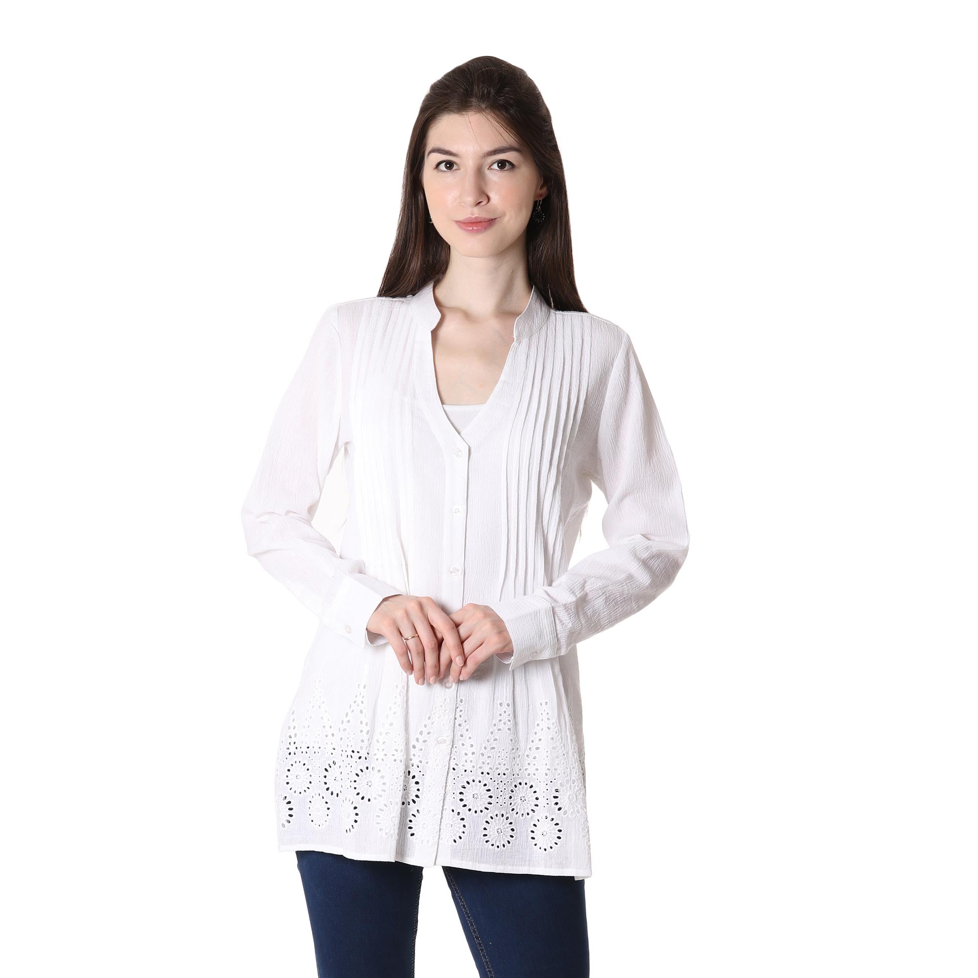 Premium Hakoba White Eyelet Cotton Blouse - Elegant Indian Design