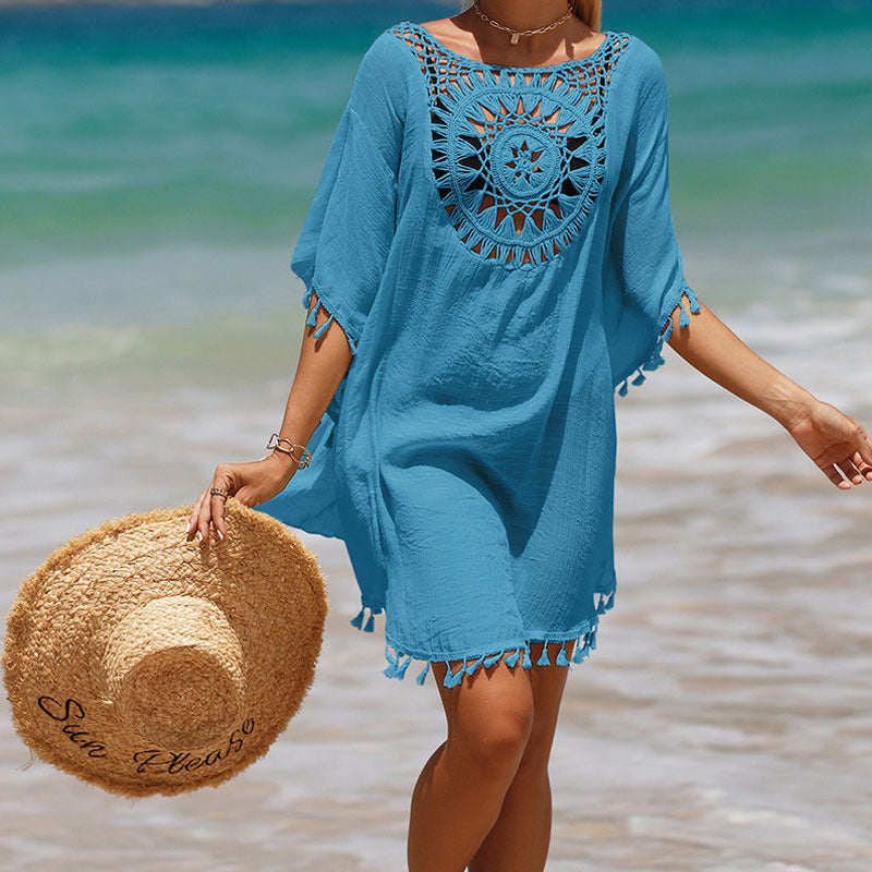 Premium Oversized Crochet Beach Cover-Up with Tasseled Sleeves & Keyhole Design