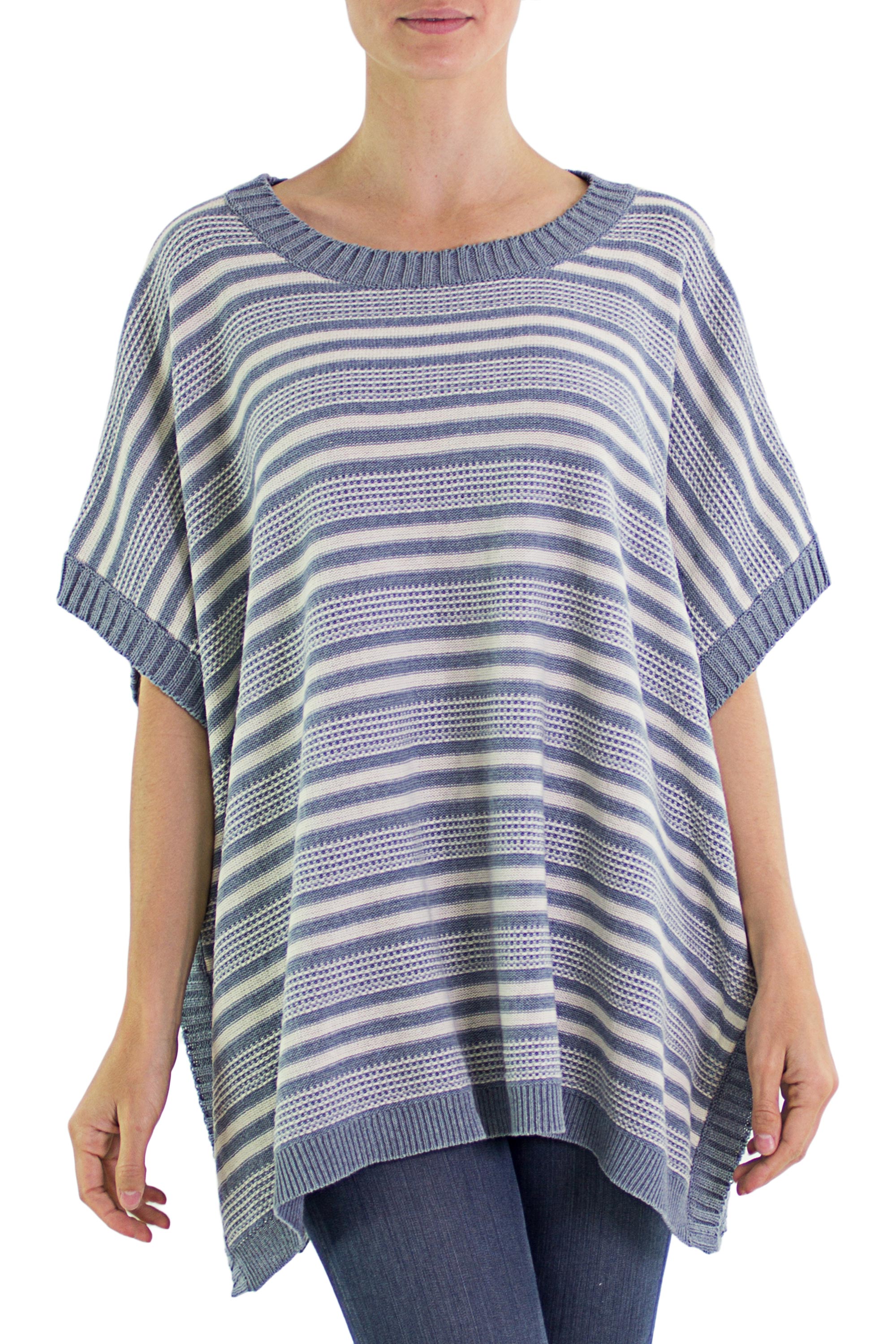 Premium Handwoven Cotton Poncho - Blue Stripes & Eco-Friendly Design