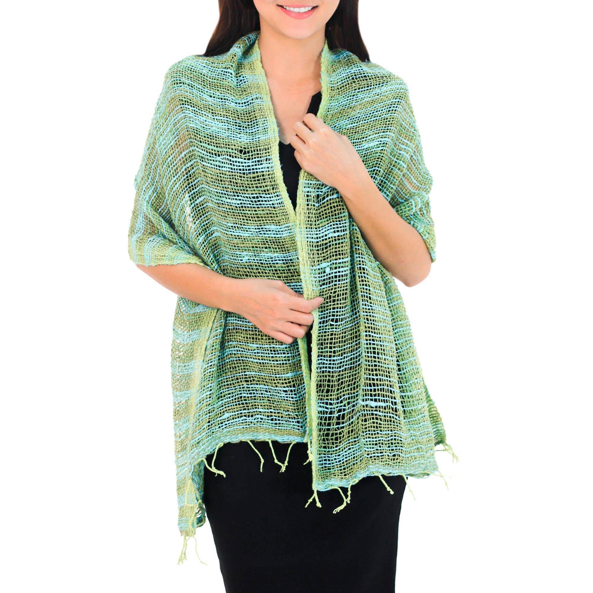 Premium Handwoven Thai Cotton Scarf - Breezy Blue & Green