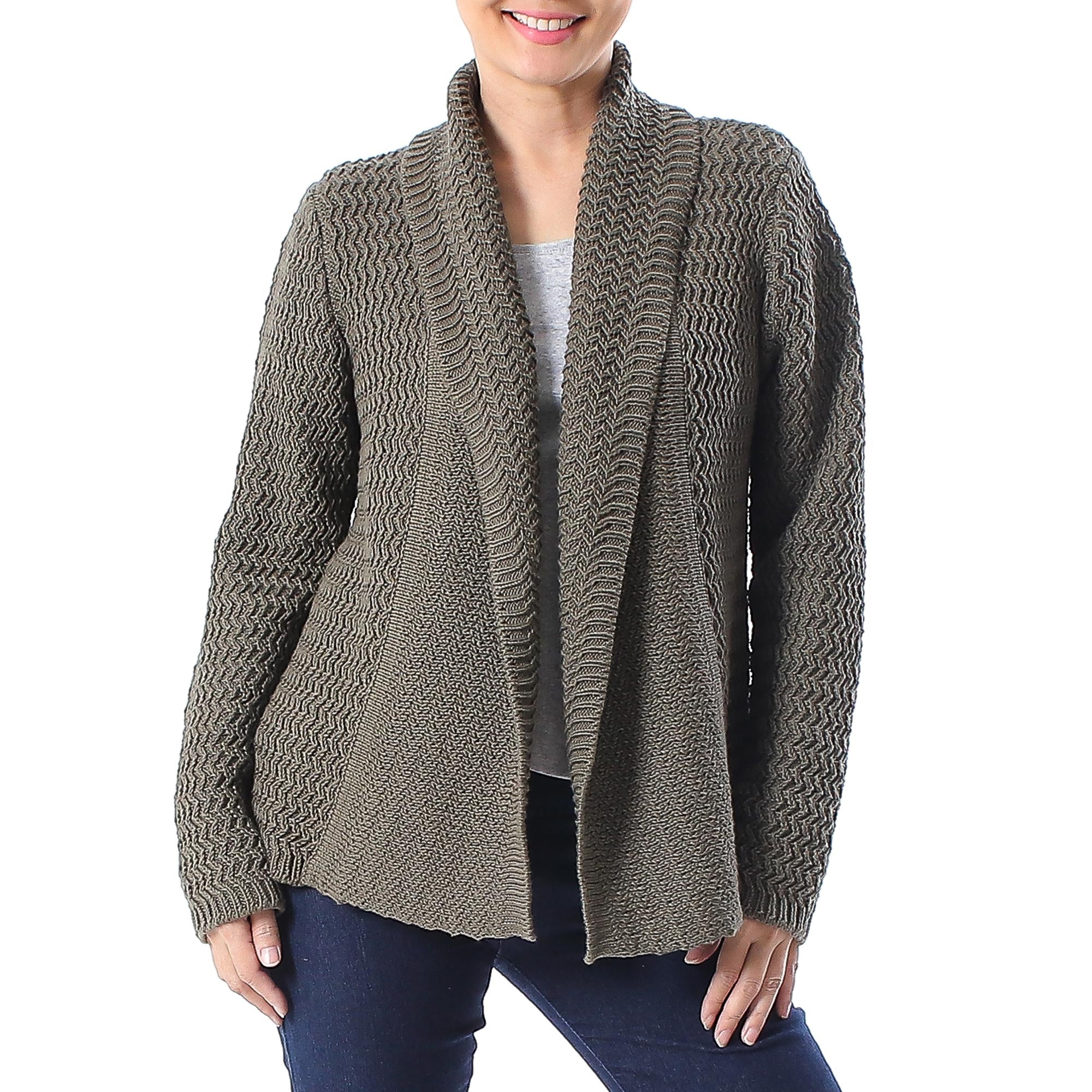 Premium Dark Taupe Cotton Knit Cardigan with Intricate Zigzag Design