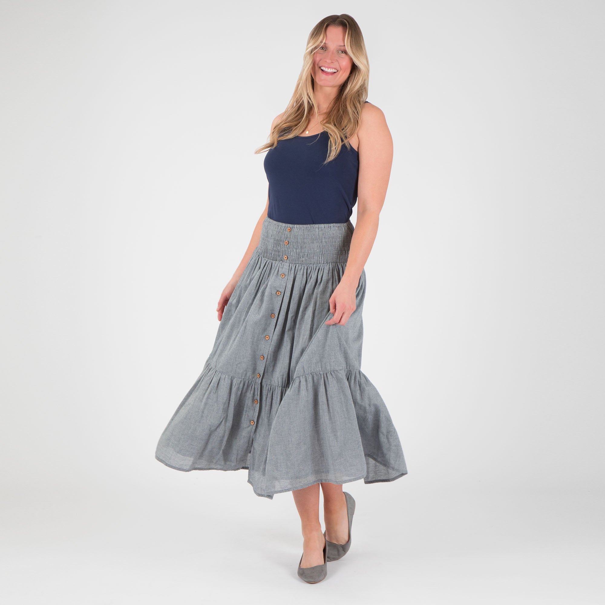 Premium Chambray Button-Down Tiered Skirt