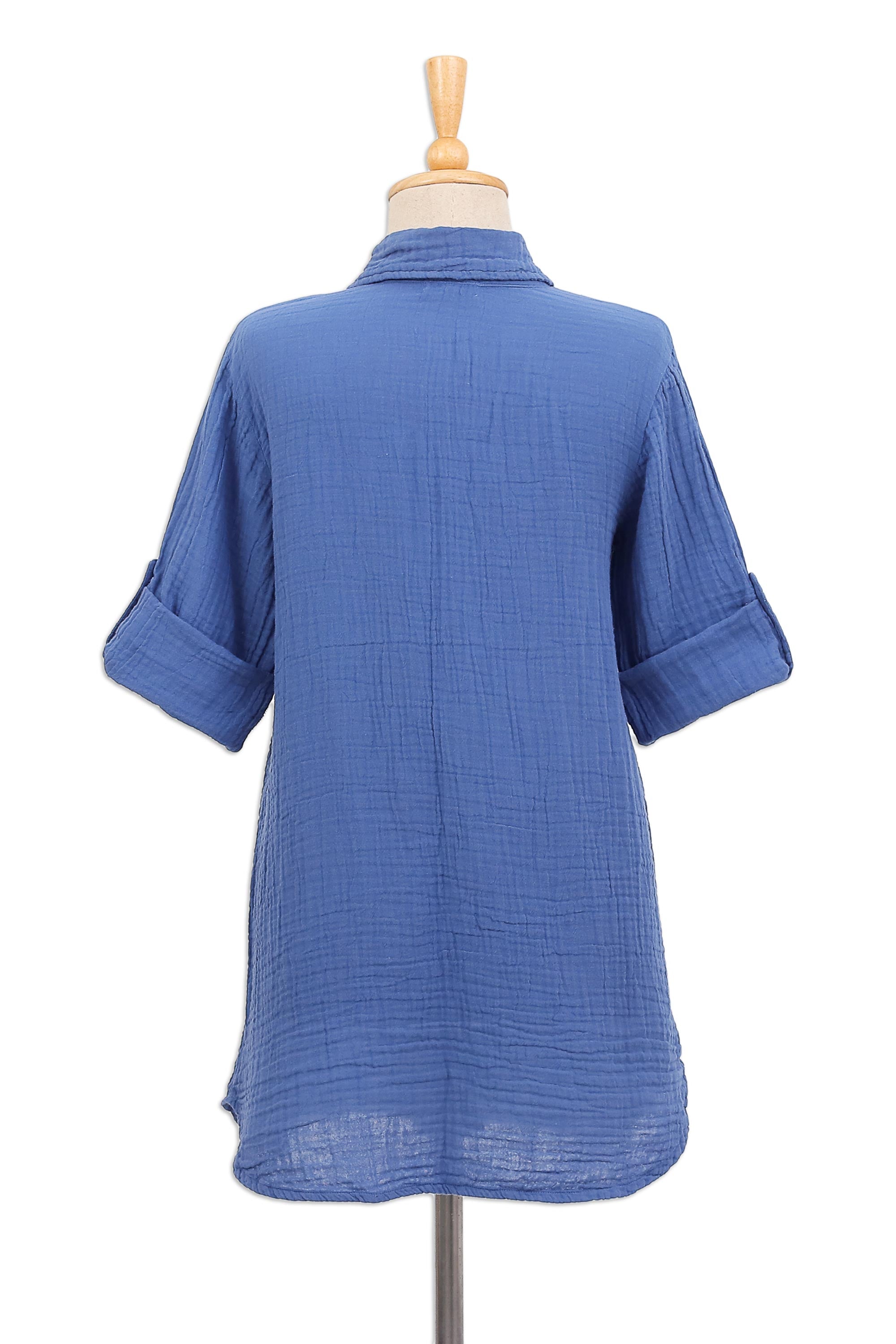 Premium Periwinkle Pintucks Blue Cotton Gauze Shirt – Handcrafted in Thailand