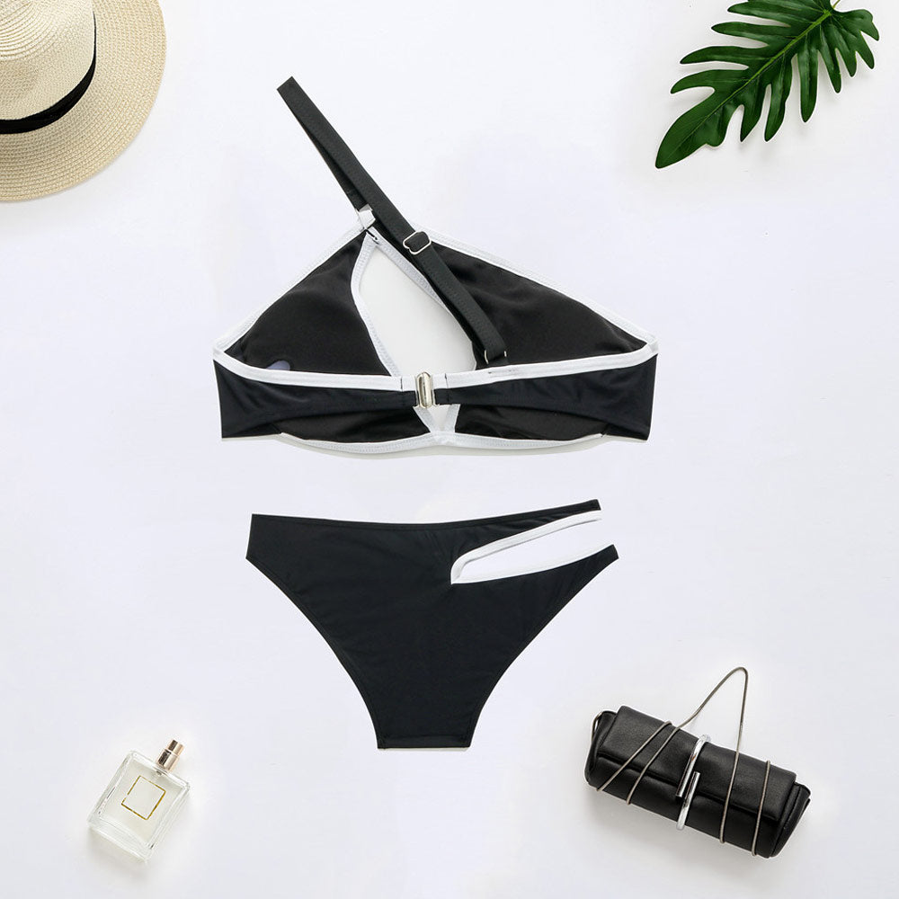 Ultimate Sexy Contrast Binding Cutout One-Shoulder Brazilian Bikini Set