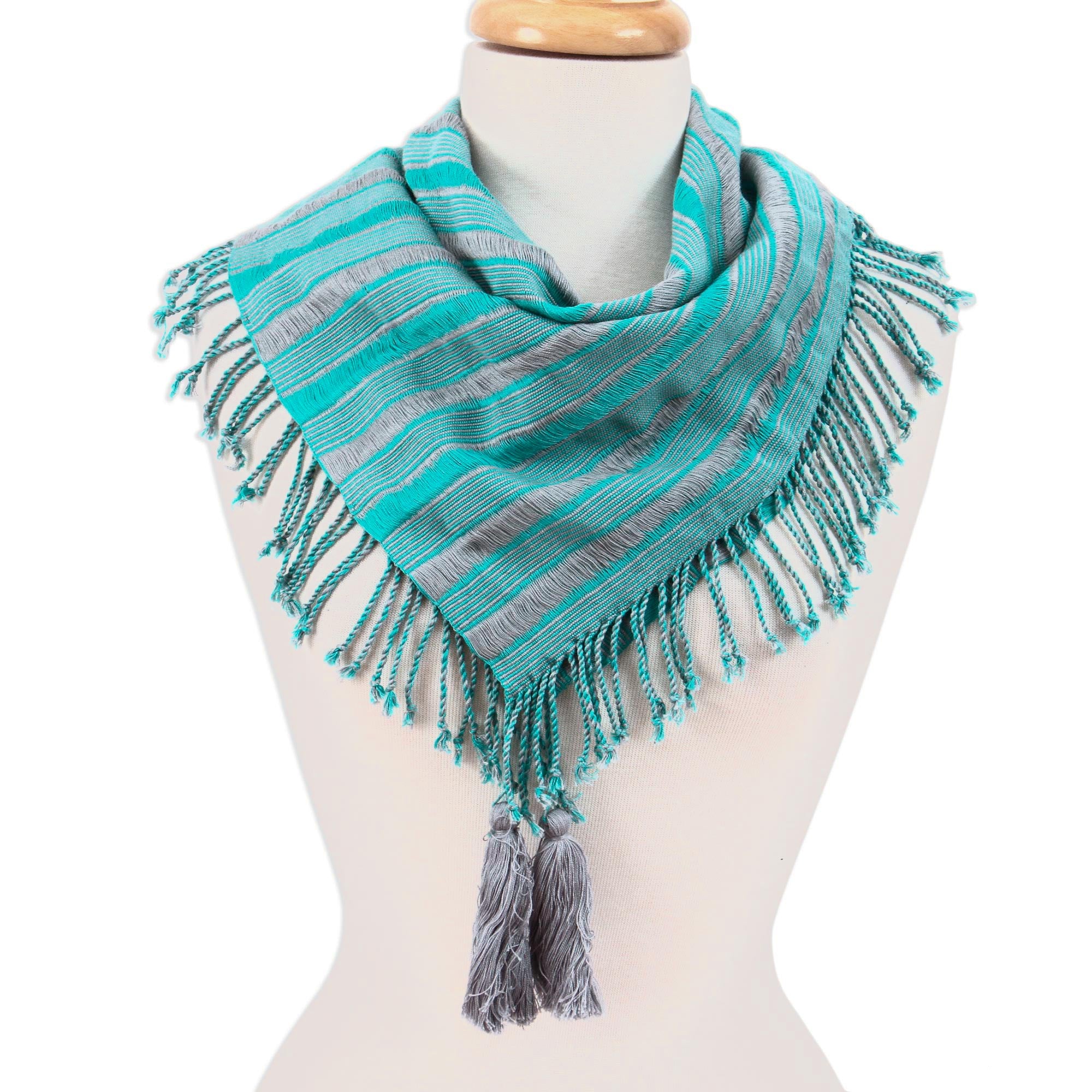 Premium Turquoise & Smoke Handwoven Cotton Scarf – Artisan Crafted in Mexico