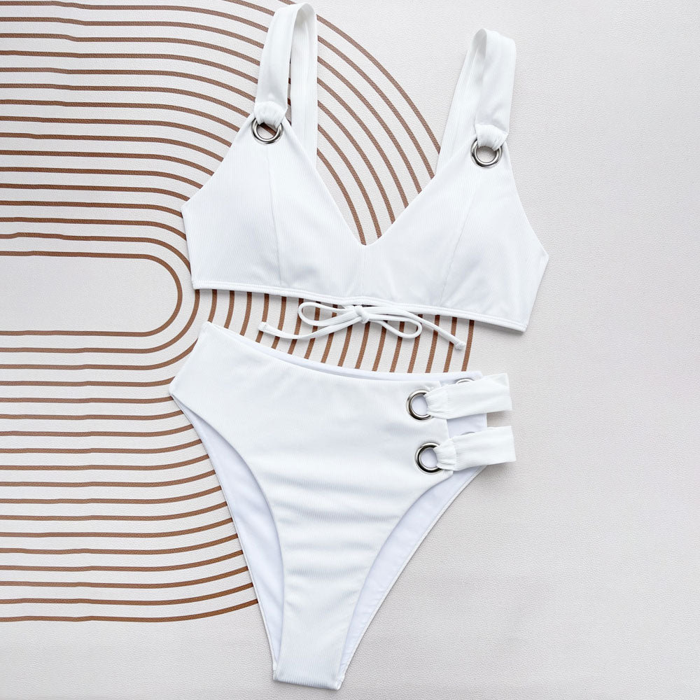 Premium Ribbed Cutout High-Waist V-Neck Bikini Set