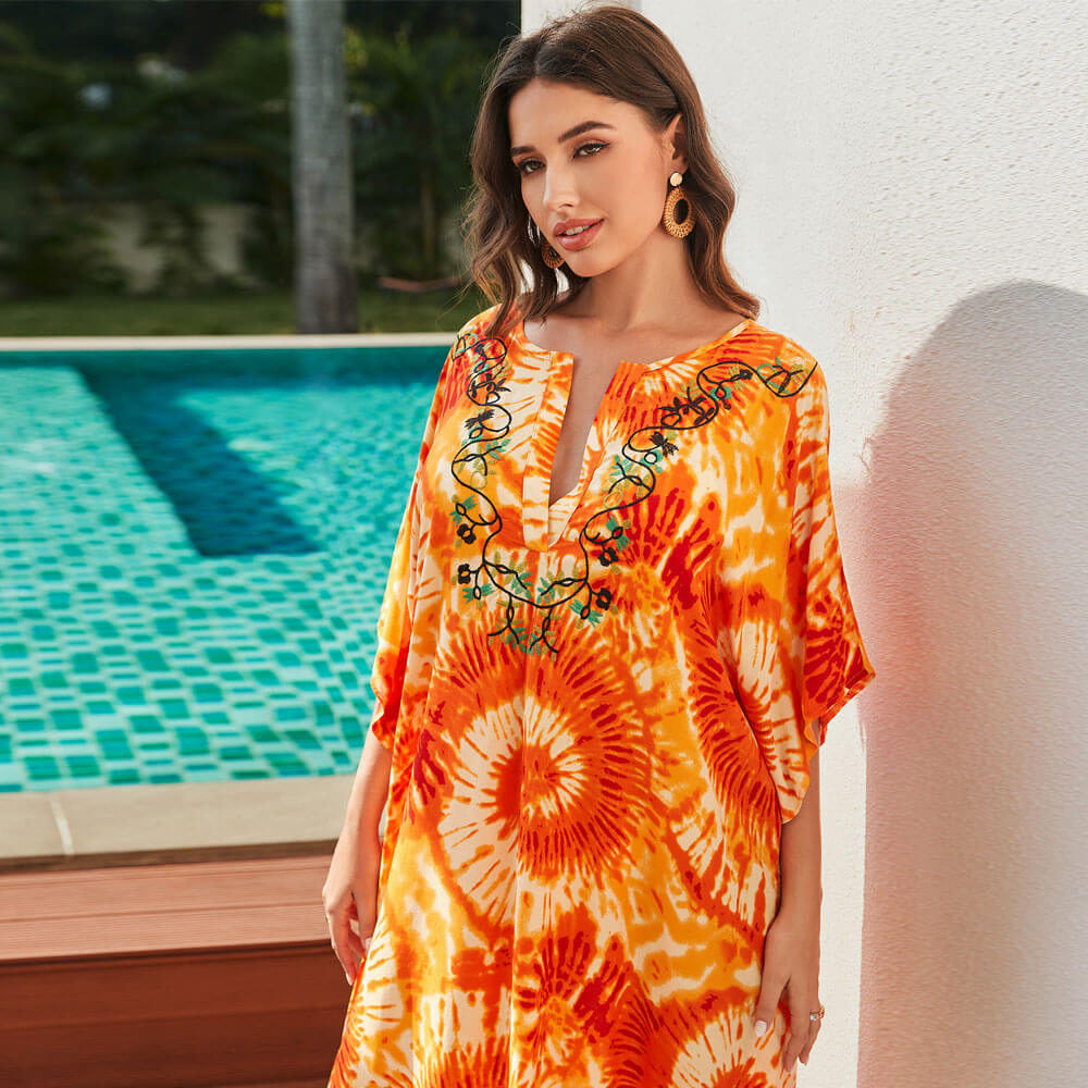 Premium Tie Dye V-Neck Caftan Cover-Up - Ultimate Beach Style