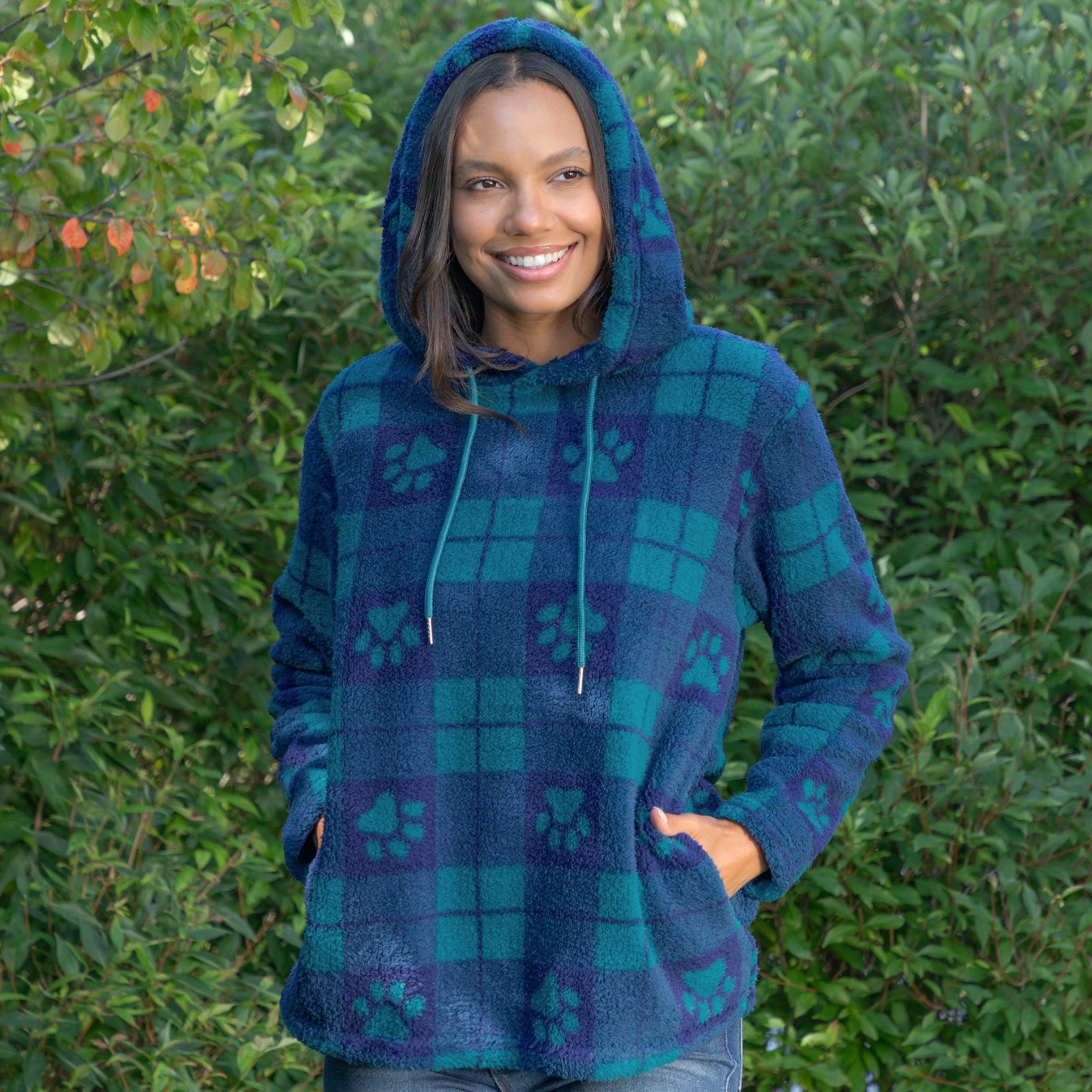 Premium Sherpa Fleece Hoodie with Plaid Paws Design