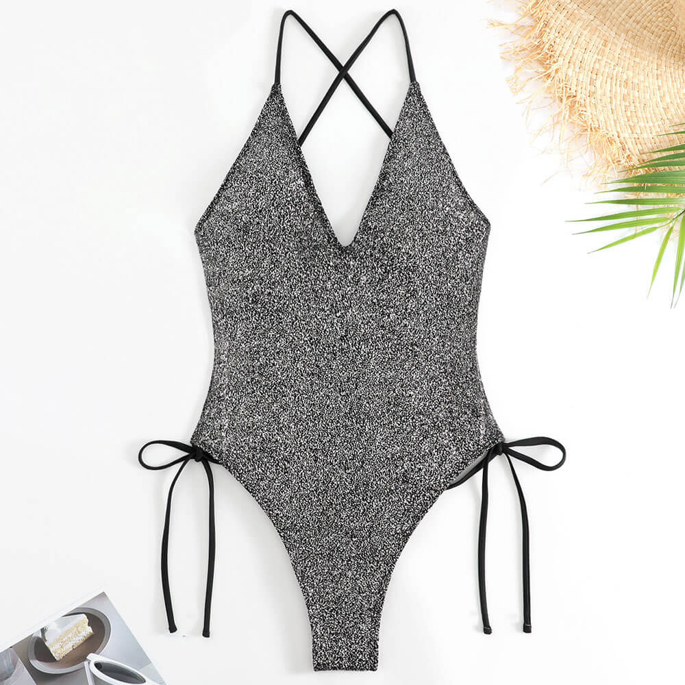 Premium Glitter Tie String Crossed Low Back Cheeky One Piece Swimsuit