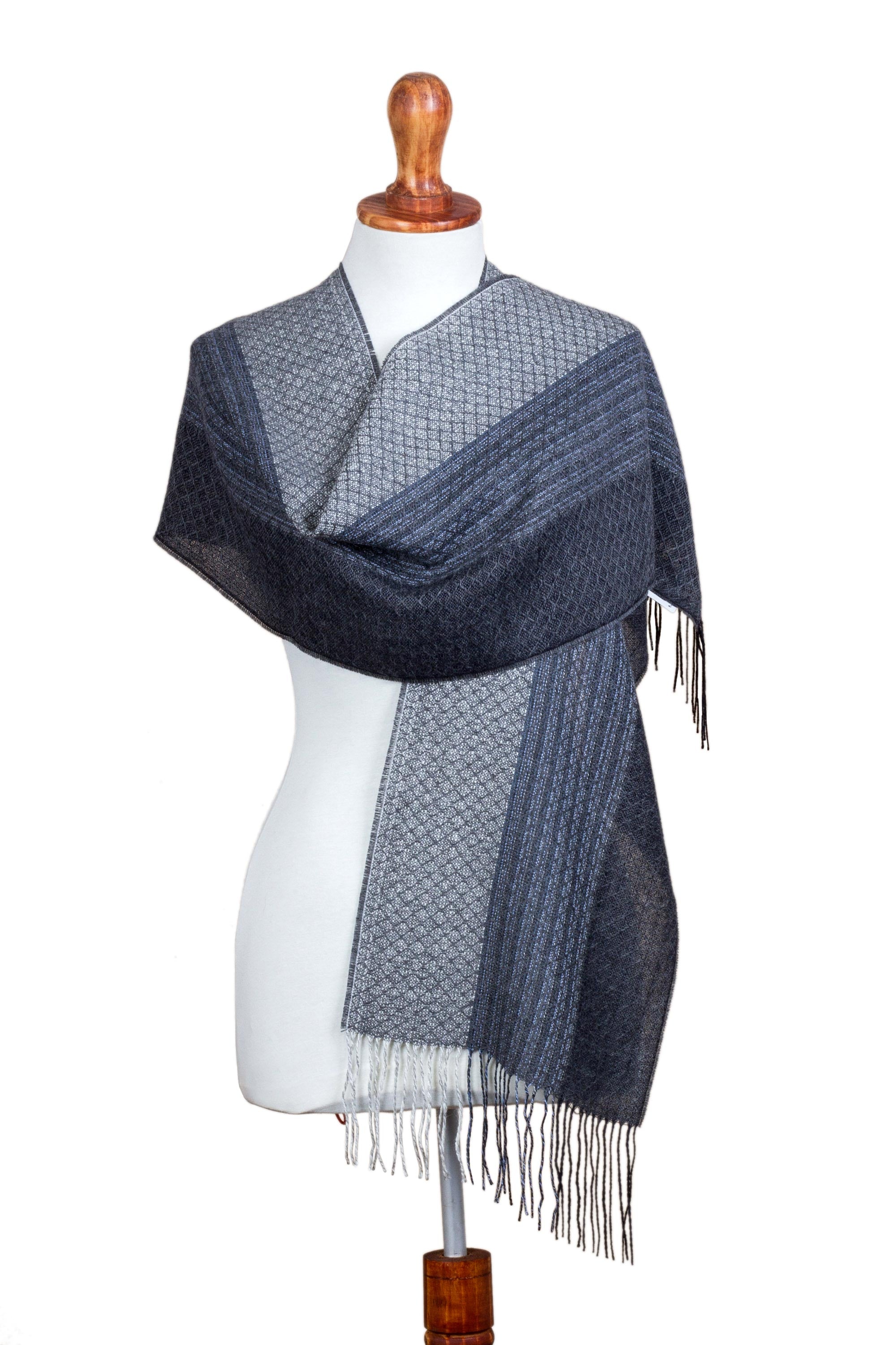 Premium Hand-Woven Baby Alpaca Silk Blend Scarf - Soft Grey with Stripes