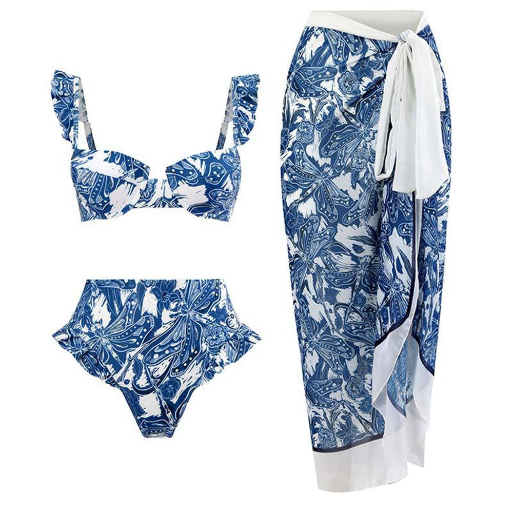 Premium Dragonfly Print High Waist Push-Up Bikini Set with Sarong