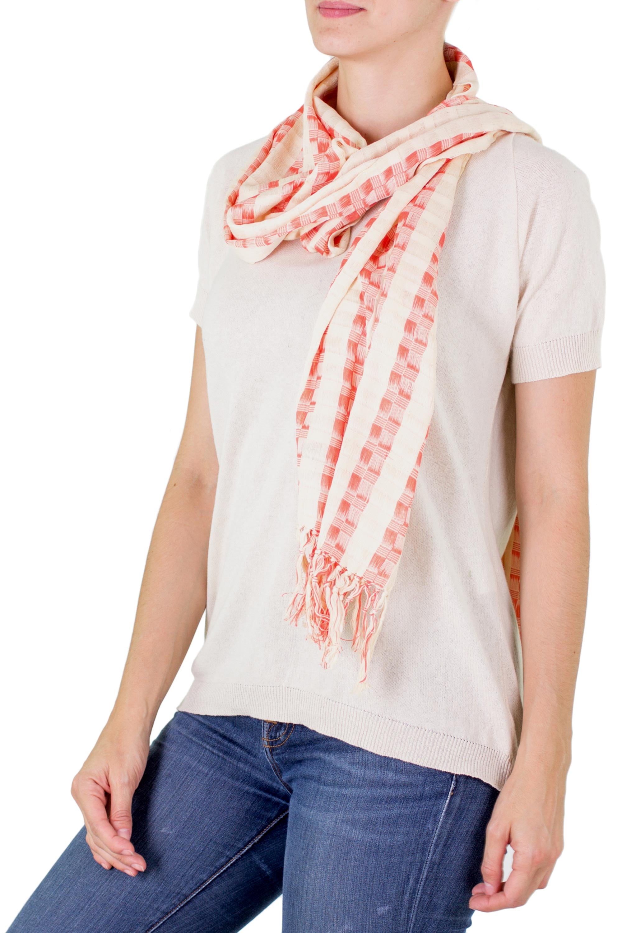 Premium Multicolor Salmon Cotton Scarf - Handmade in Guatemala