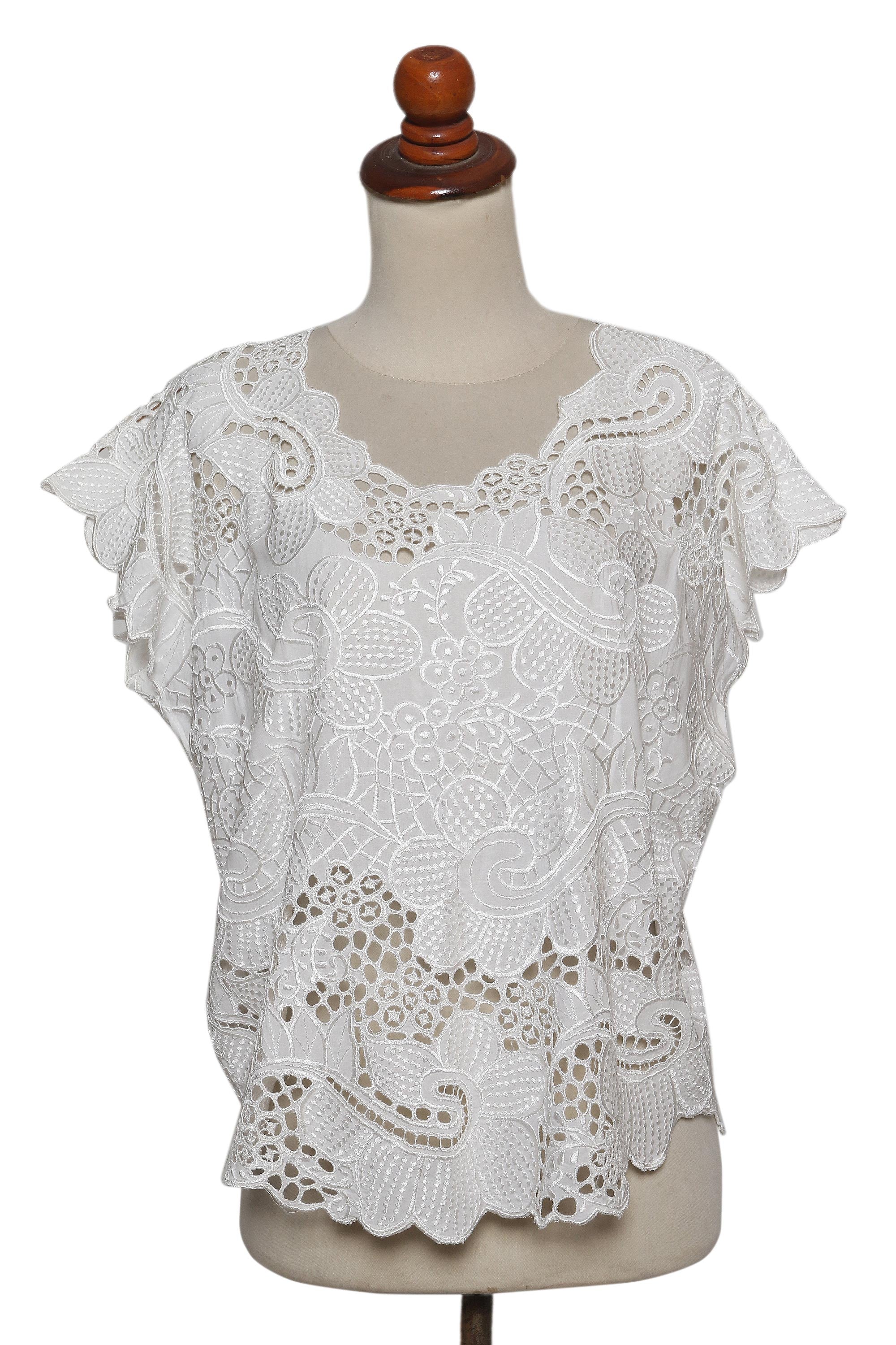 Premium White Rose Mallow Rayon Top with Intricate Embroidery