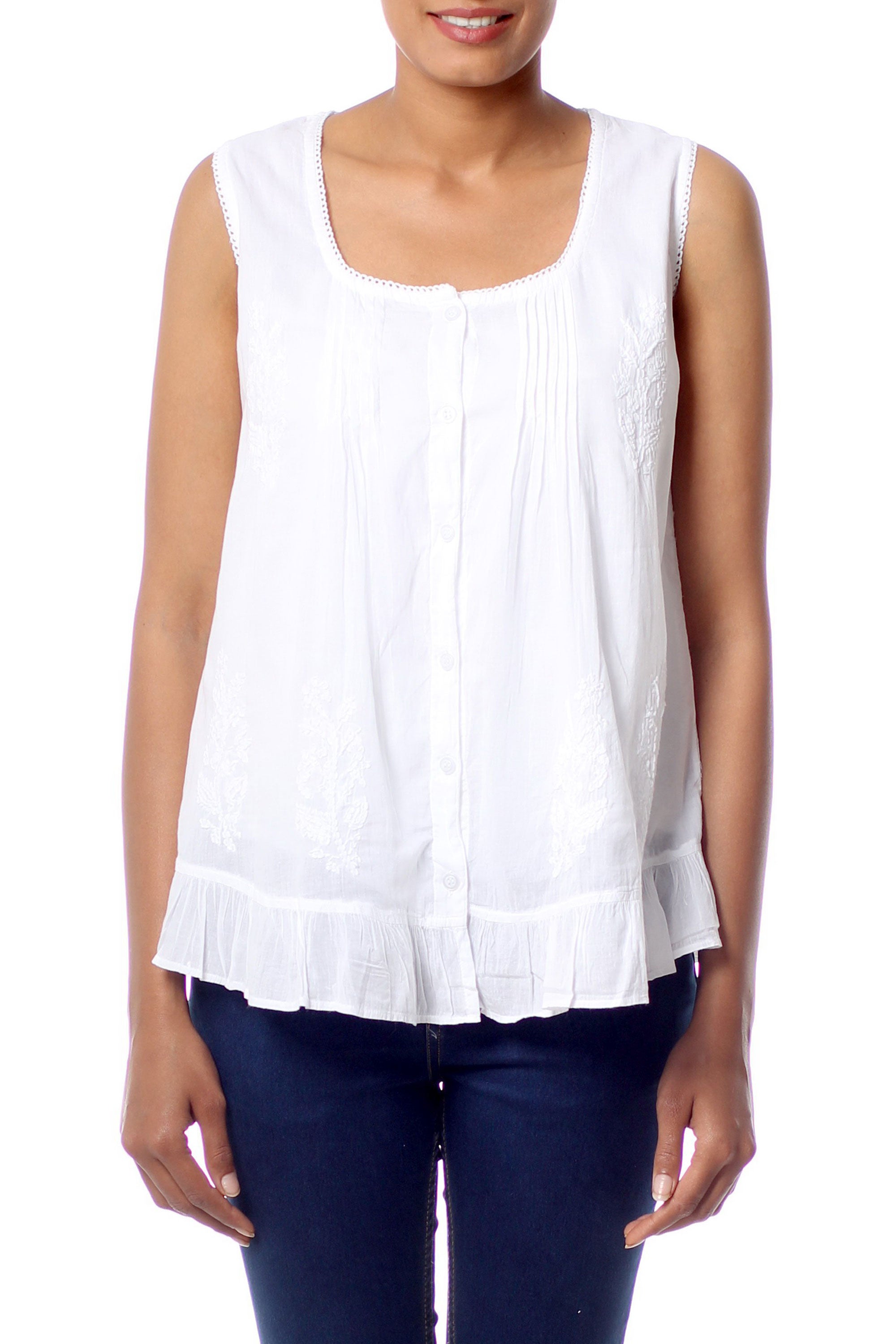 Premium Morning Cloud White Cotton Embroidered Blouse with Elegant Pintucks