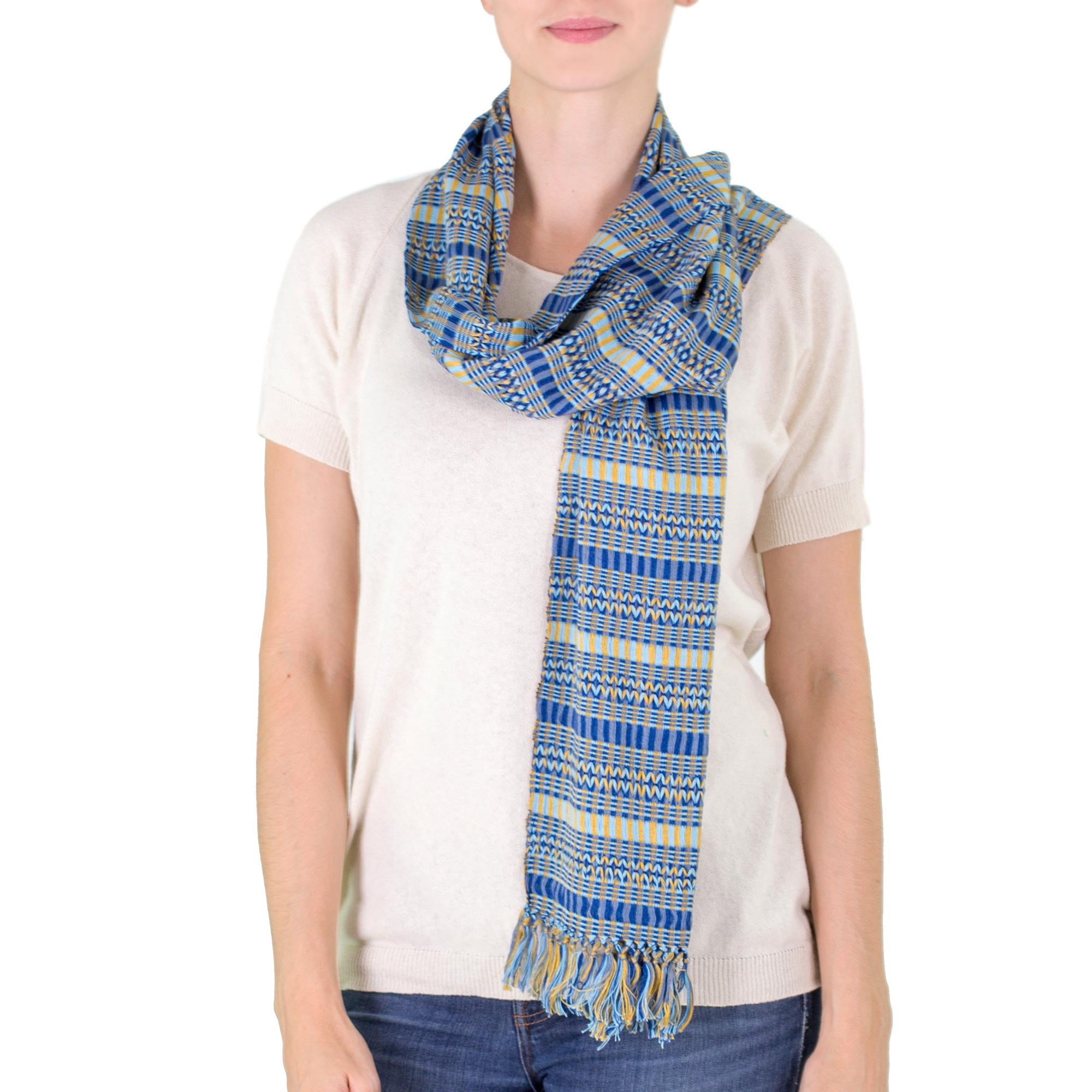 Premium Atitlan Sunshine Backstrap Loom Scarf - Organic Dye Blue & Yellow