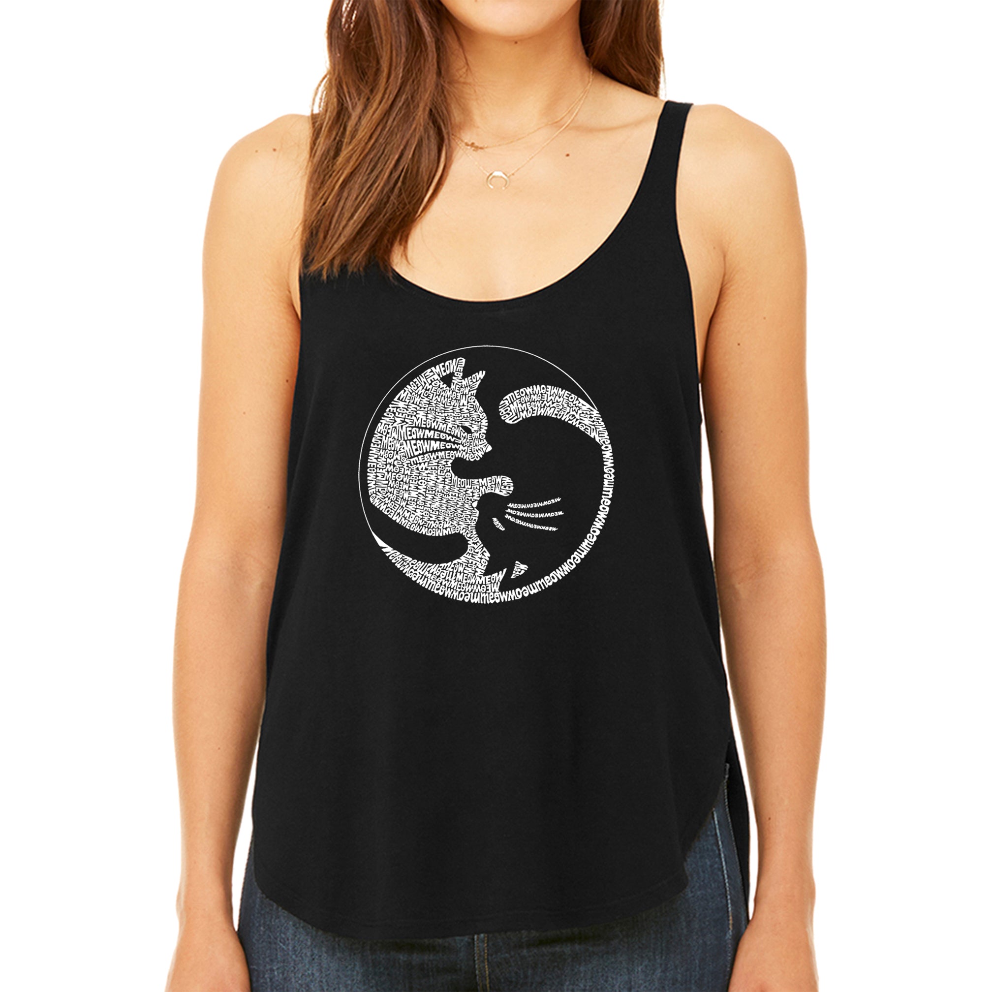 Premium Yin Yang Cat Word Art Flowy Tank Top for Women - Ultimate Cat Lover's Tee