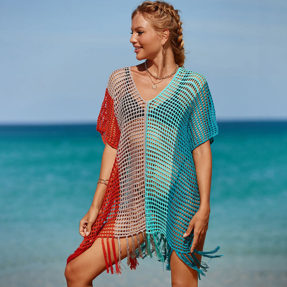 Premium Boho Rainbow Crochet Beach Cover-Up Dress