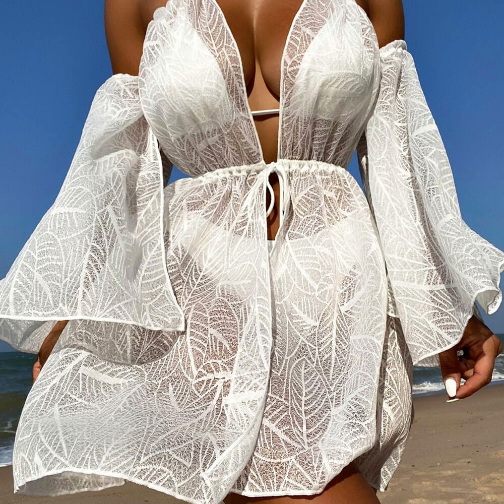 Premium Tropical Lace Cover-Up with Bell Sleeves & Tie Front