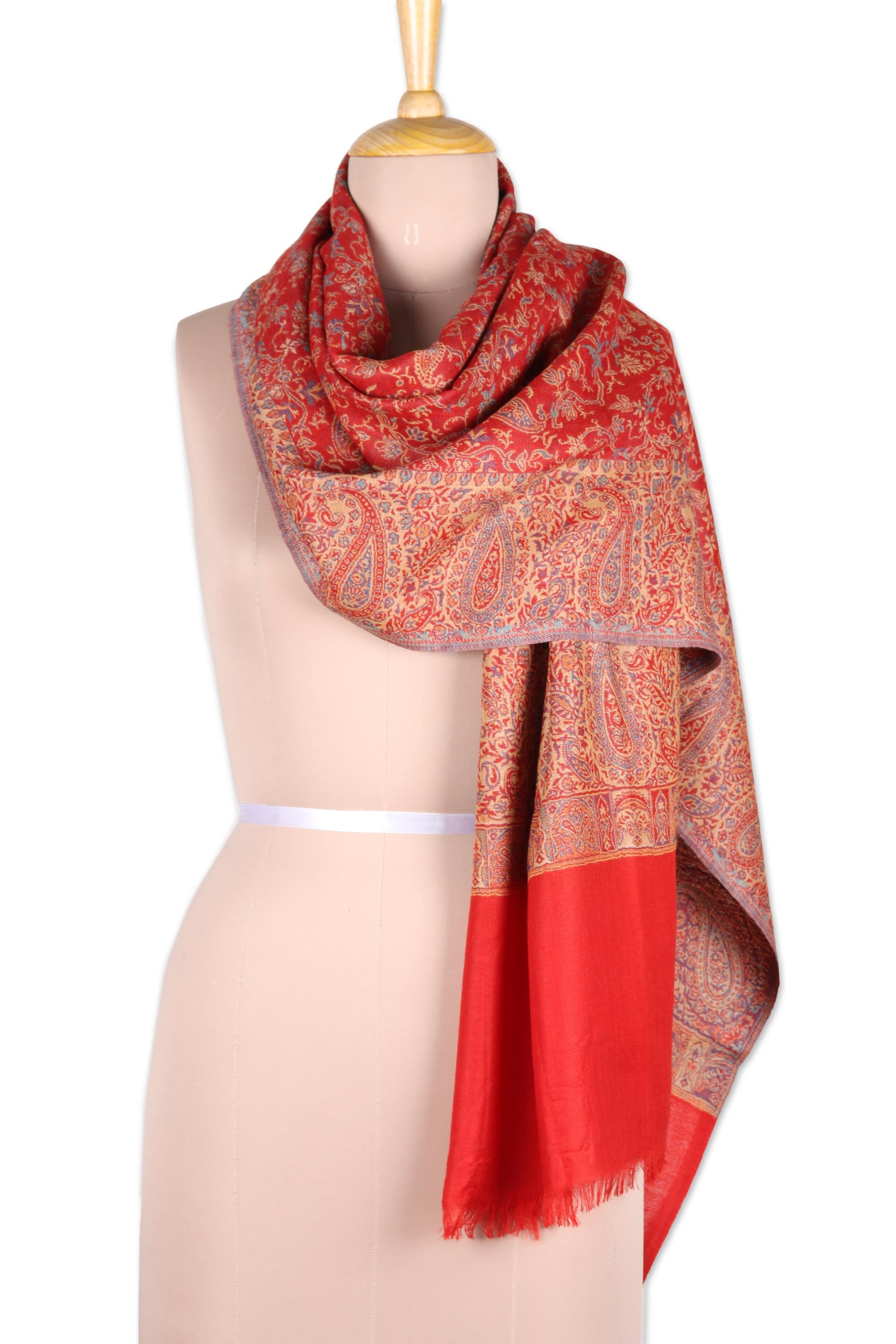 Premium Paisley Glamour Jamawar Wool Shawl - Poppy Red