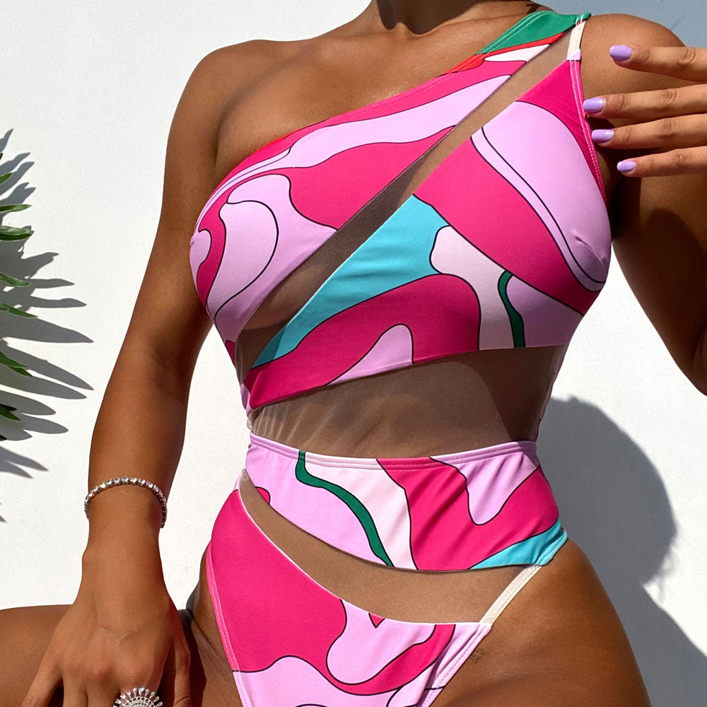 Premium Colorful Print Sheer Mesh One Shoulder Swimsuit